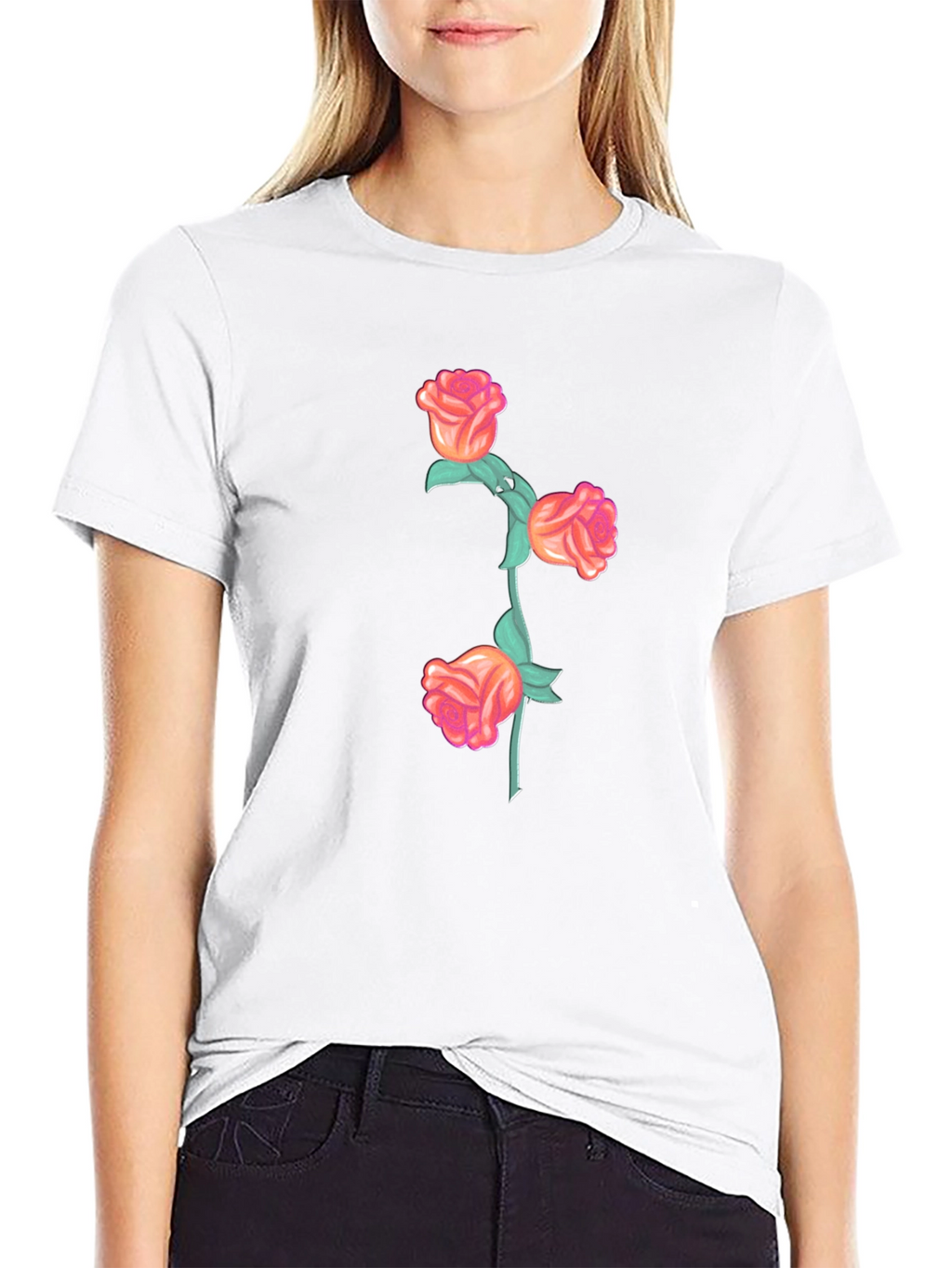 Black T-Shirt with Floral Rose Stem Design