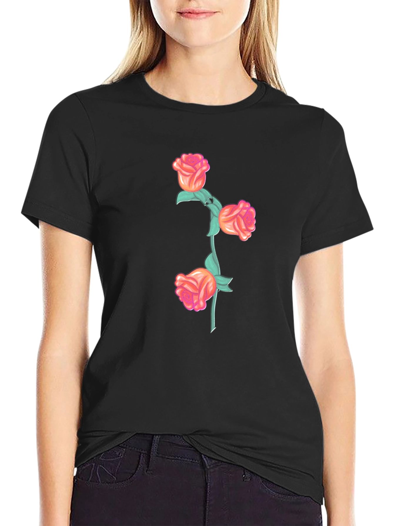 Black T-Shirt with Floral Rose Stem Design