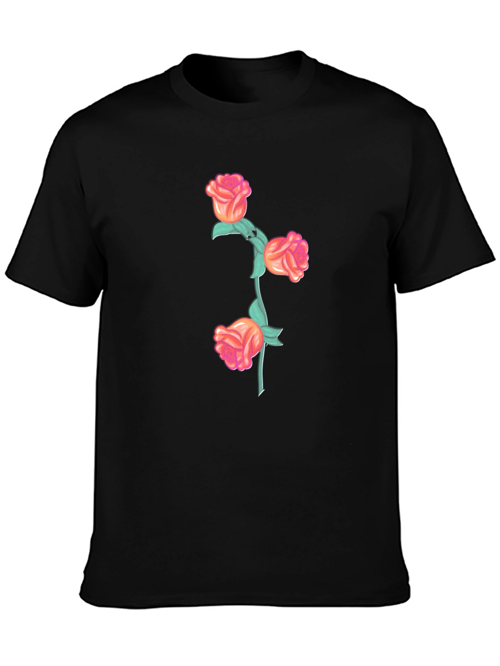 Black T-Shirt with Floral Rose Stem Design