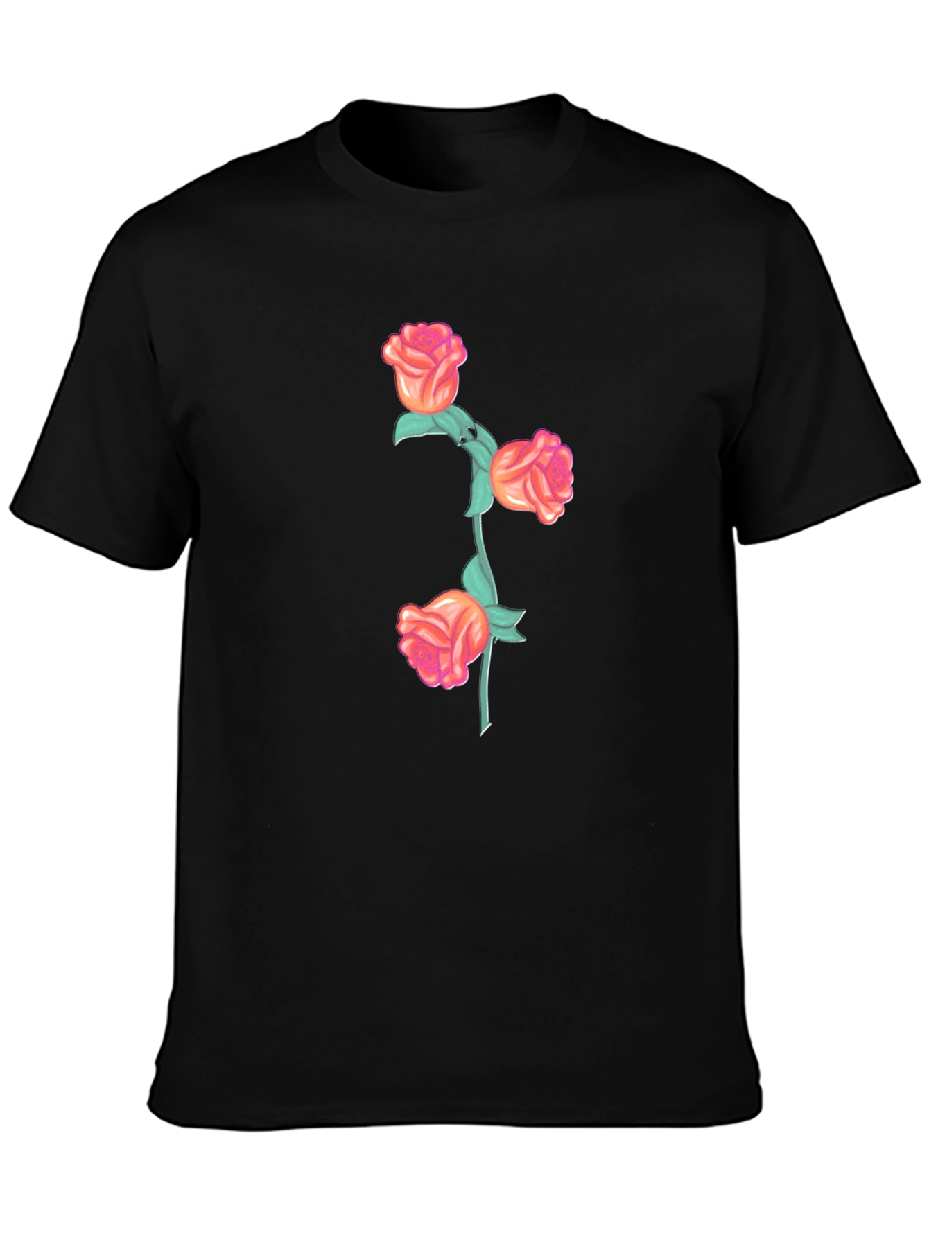 Black T-Shirt with Floral Rose Stem Design