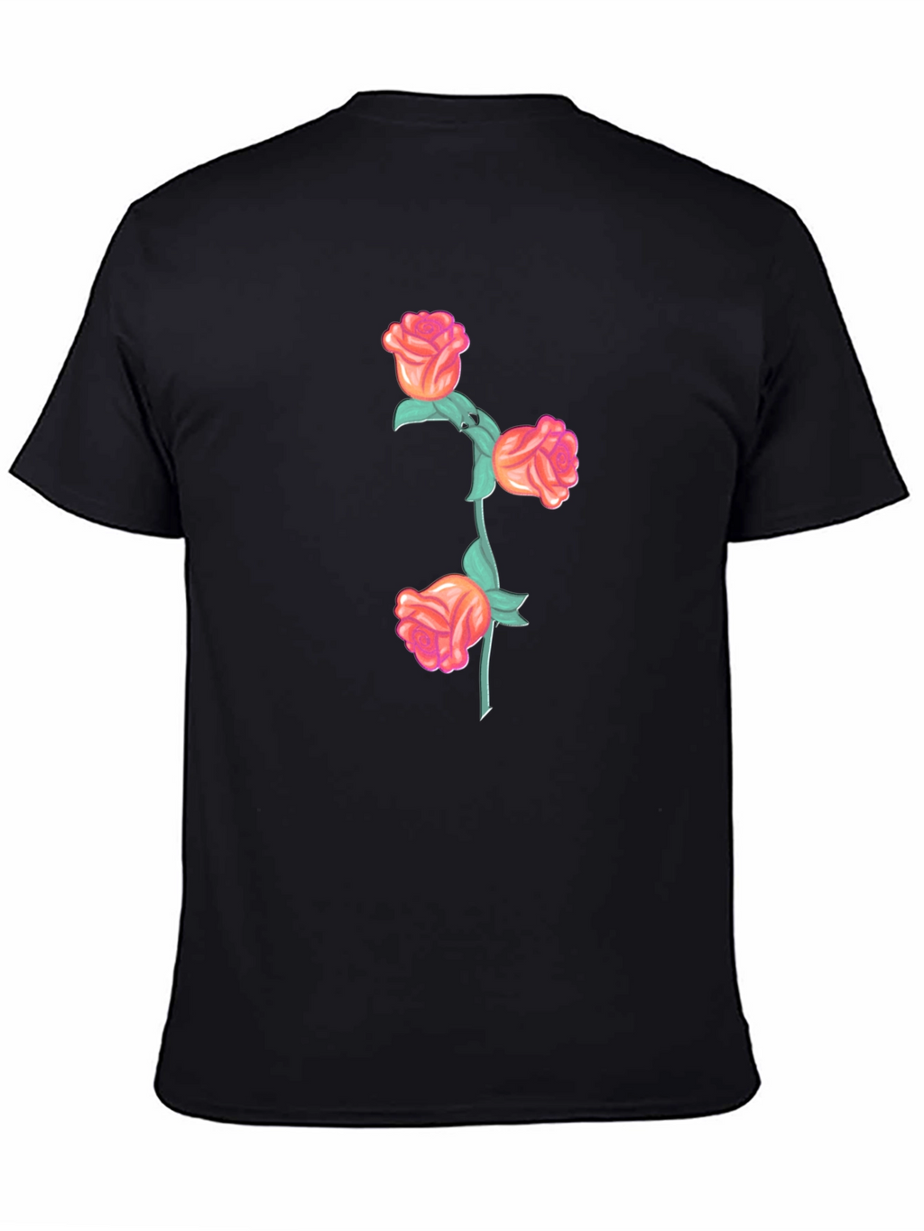 Black T-Shirt with Floral Rose Stem Design
