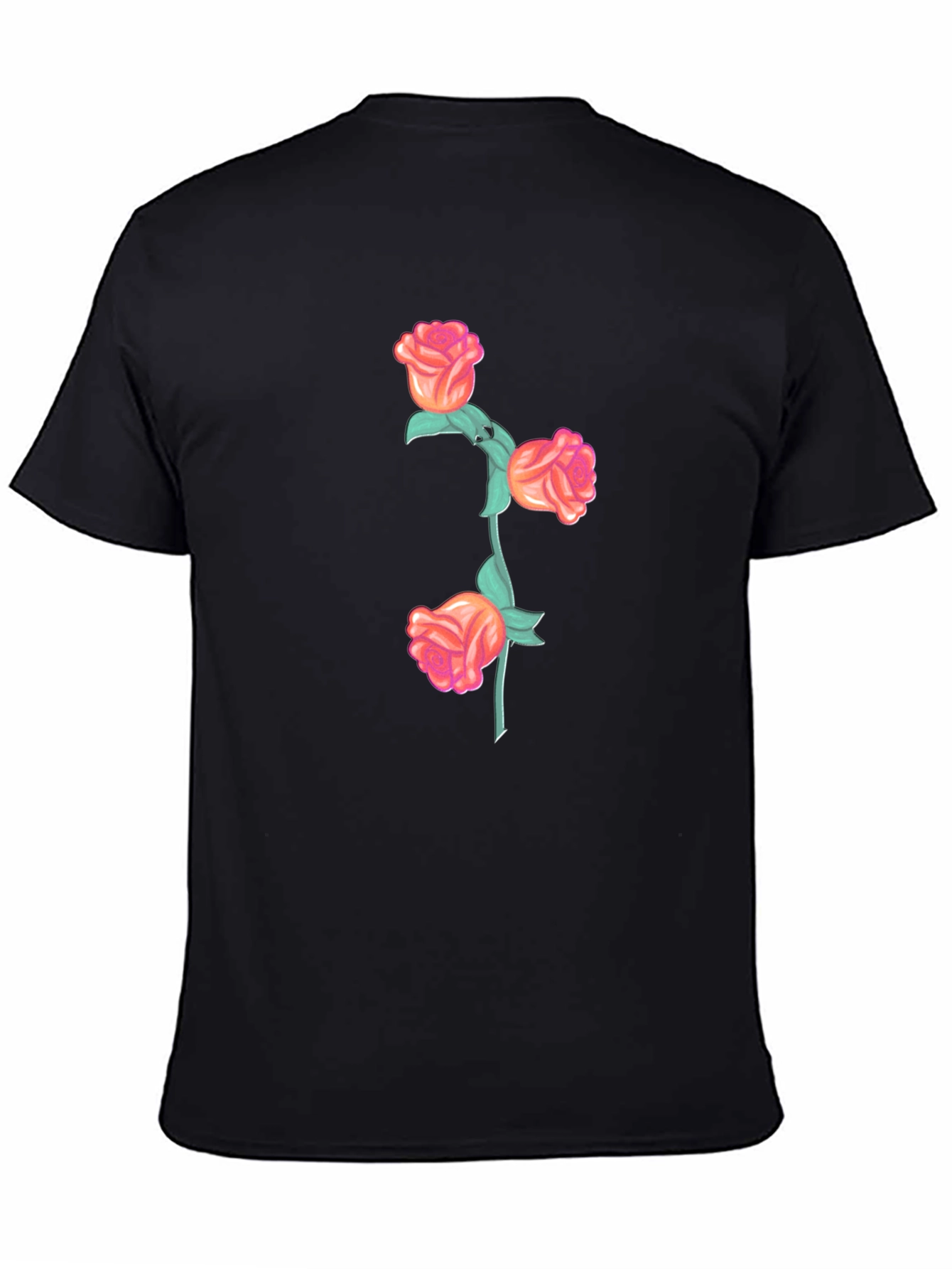 Black T-Shirt with Floral Rose Stem Design
