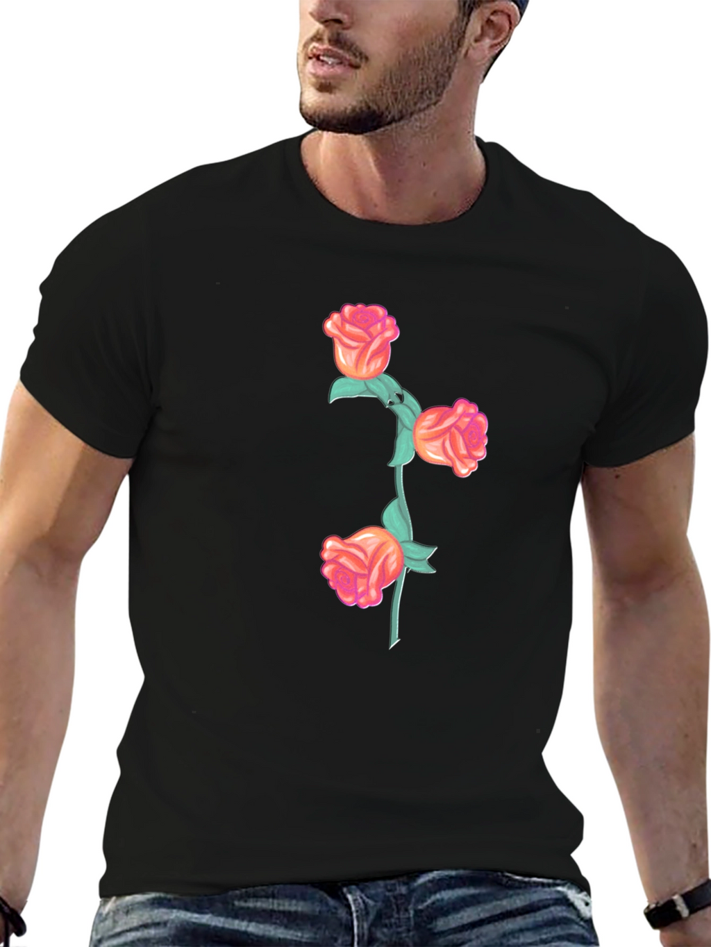 Black T-Shirt with Floral Rose Stem Design