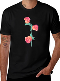 Black T-Shirt with Floral Rose Stem Design