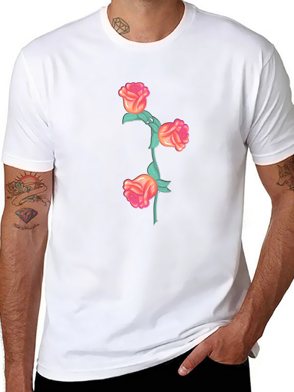Black T-Shirt with Floral Rose Stem Design