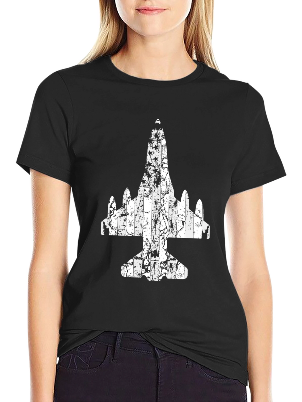 Distressed Airplane Graphic Tee - Black Cotton T-Shirt