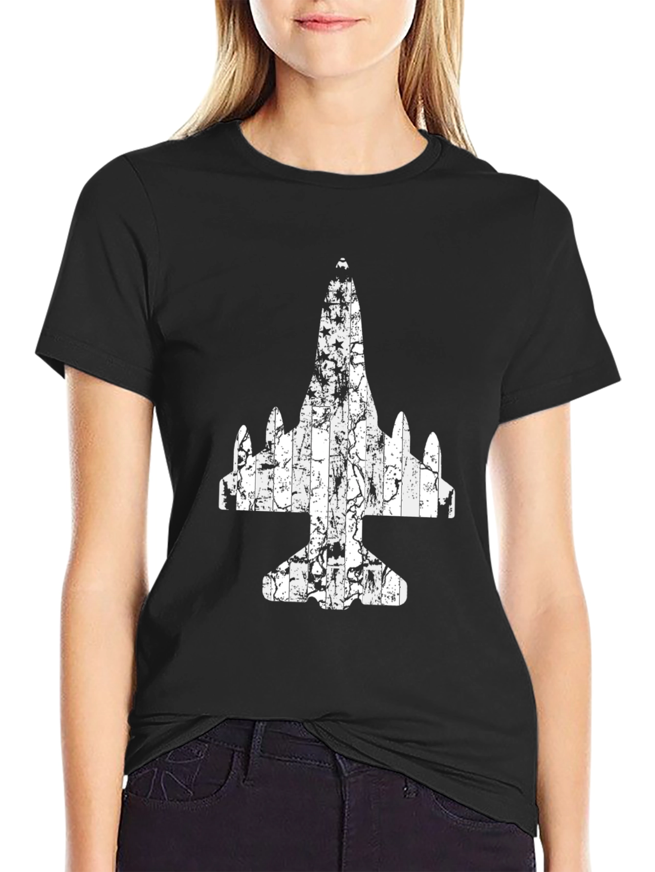 Distressed Airplane Graphic Tee - Black Cotton T-Shirt