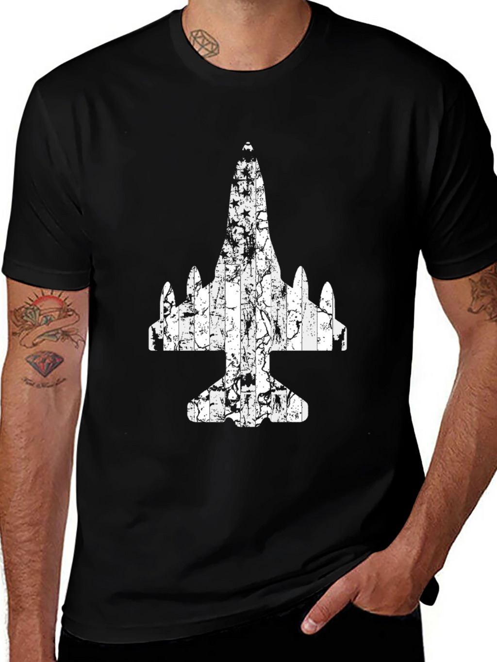 Distressed Airplane Graphic Tee - Black Cotton T-Shirt