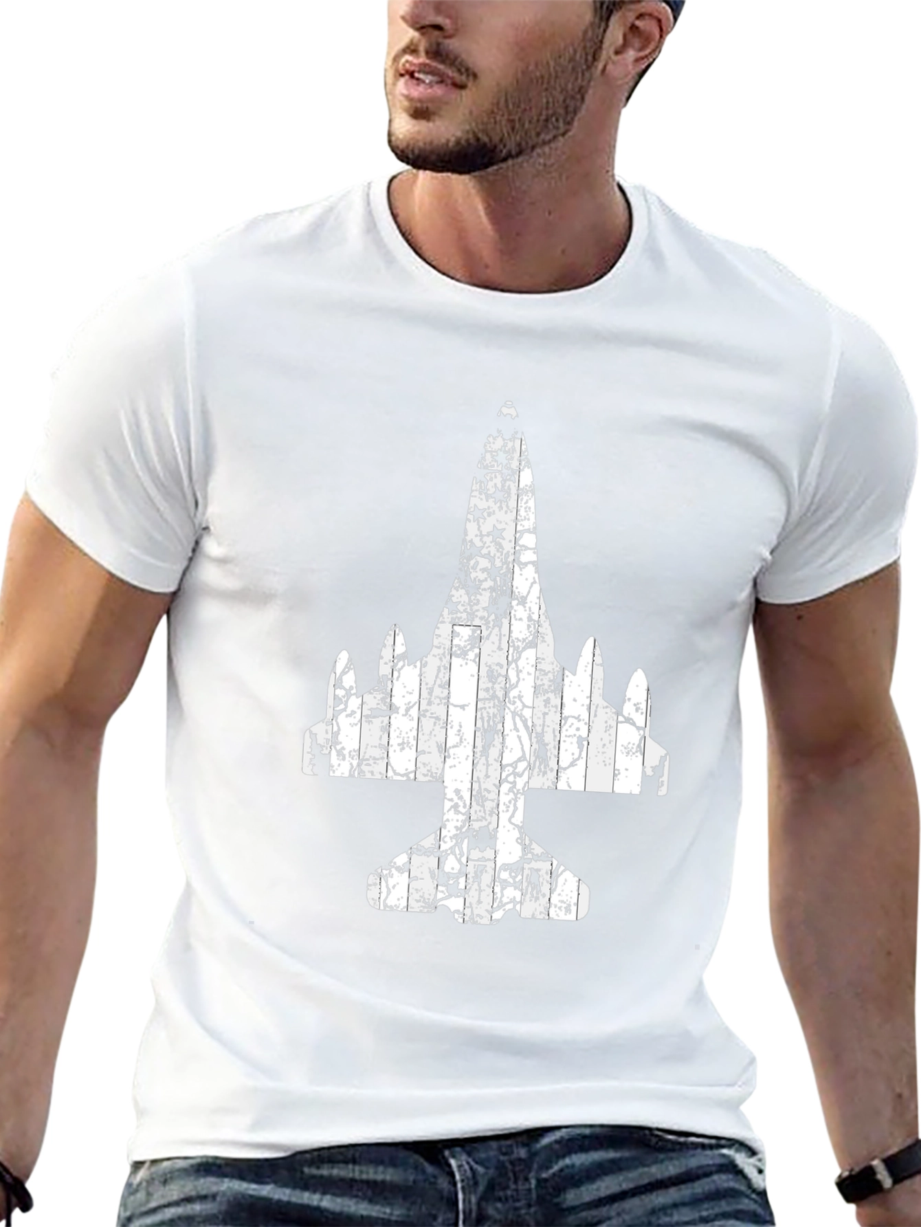 Distressed Airplane Graphic Tee - Black Cotton T-Shirt
