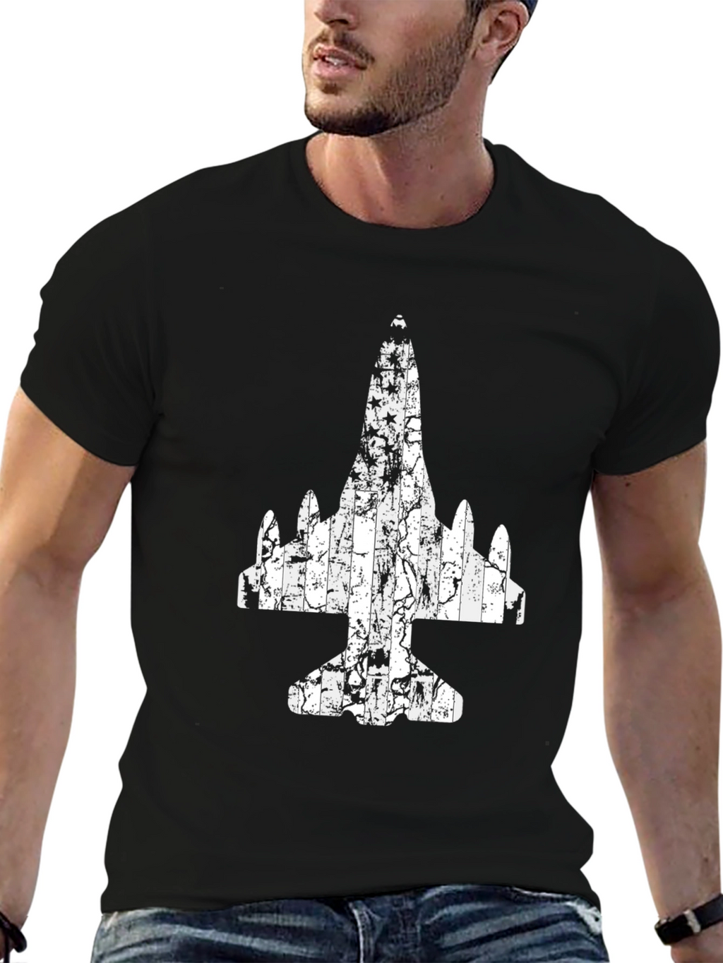 Distressed Airplane Graphic Tee - Black Cotton T-Shirt