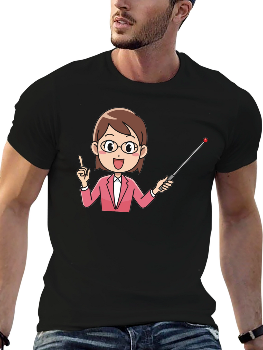Teacher Cartoon Graphic Tee - Black Cotton Blend