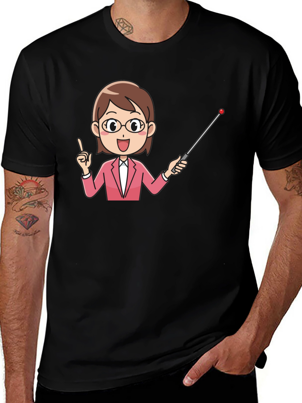 Teacher Cartoon Graphic Tee - Black Cotton Blend
