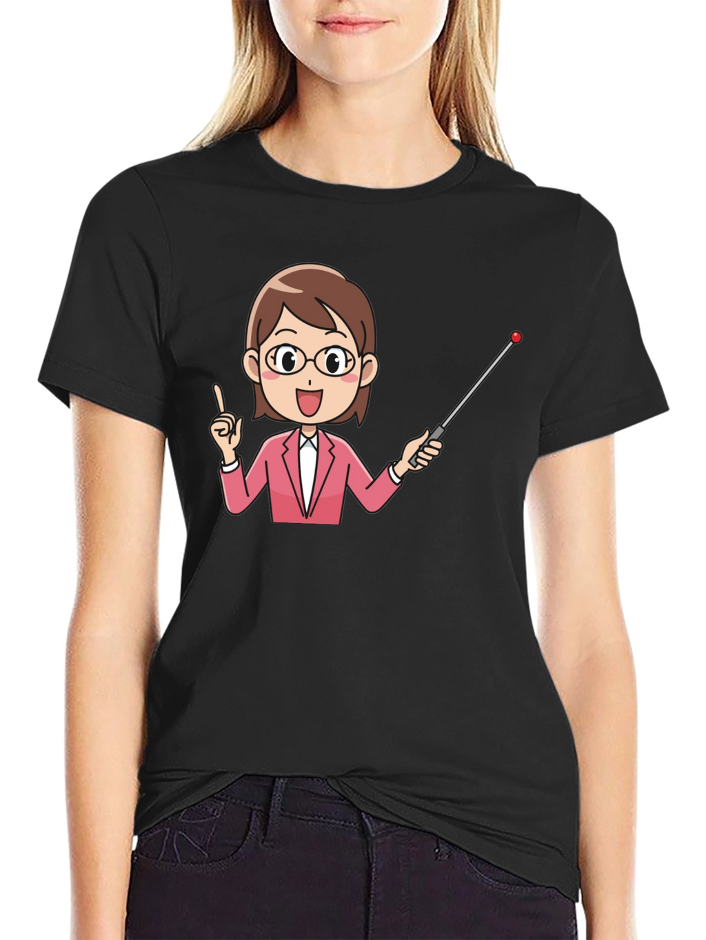 Teacher Cartoon Graphic Tee - Black Cotton Blend