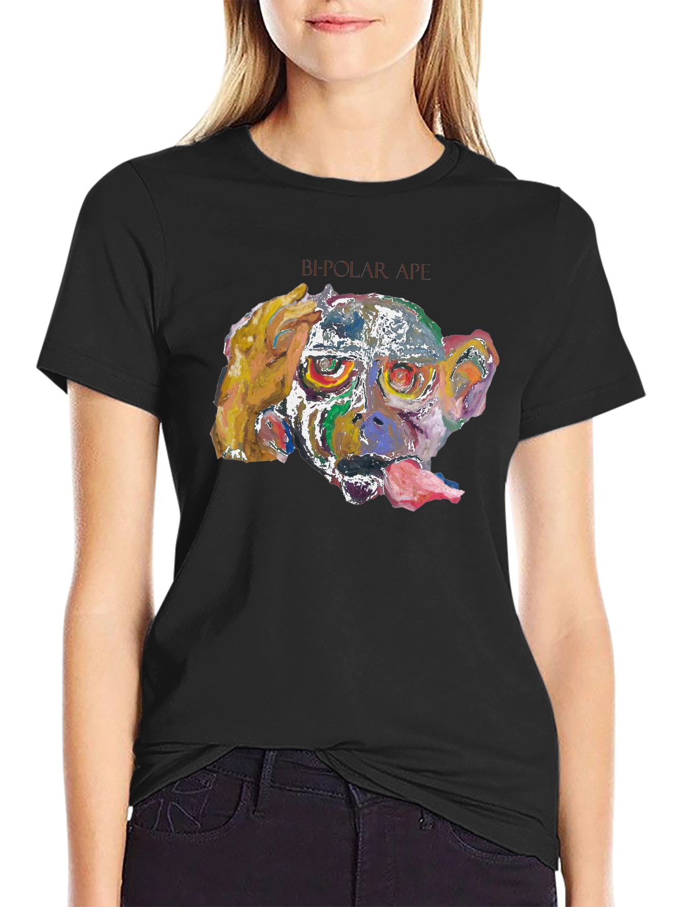 Abstract Monkey Graphic Tee - Black Cotton Blend