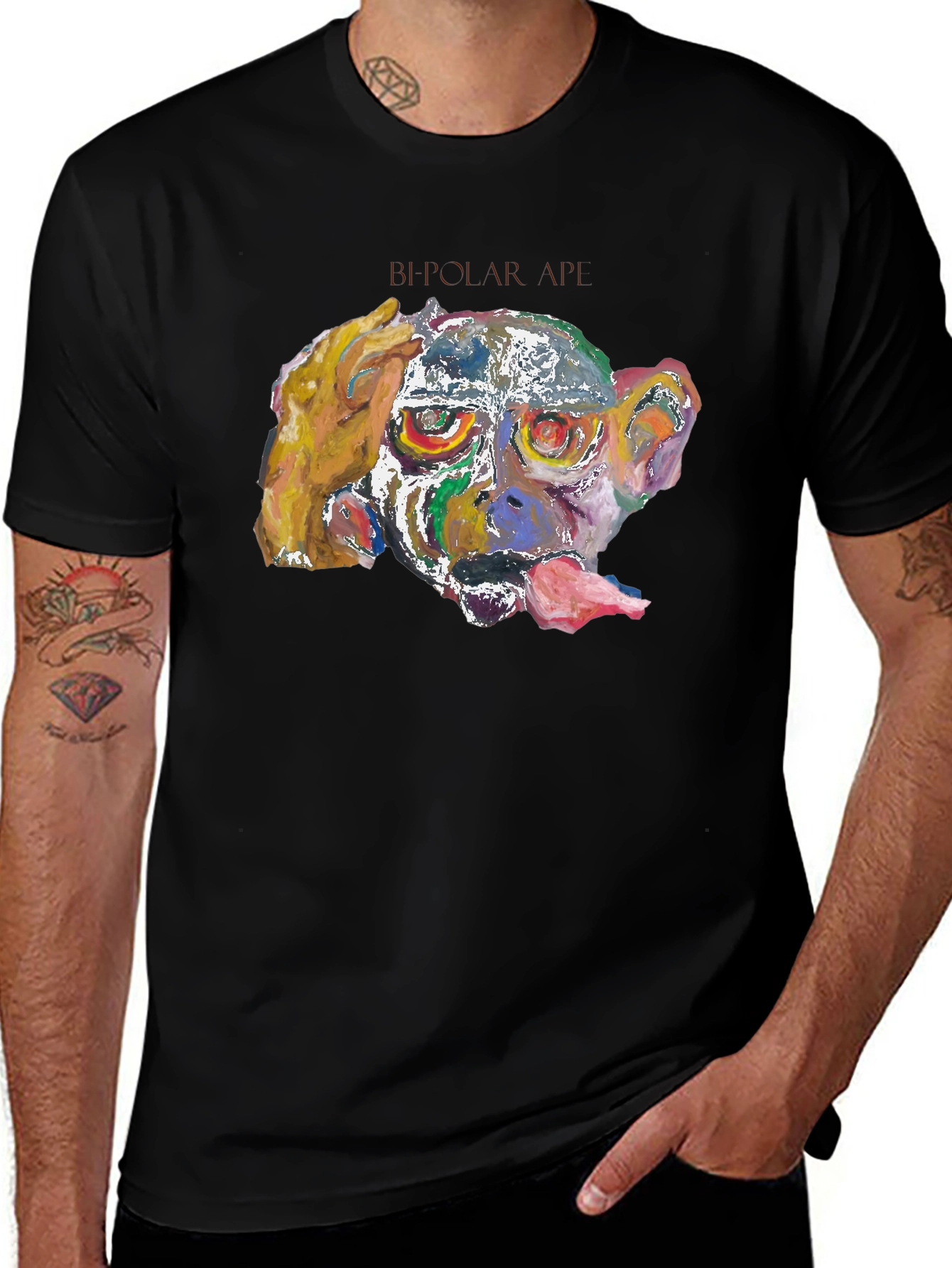Abstract Monkey Graphic Tee - Black Cotton Blend