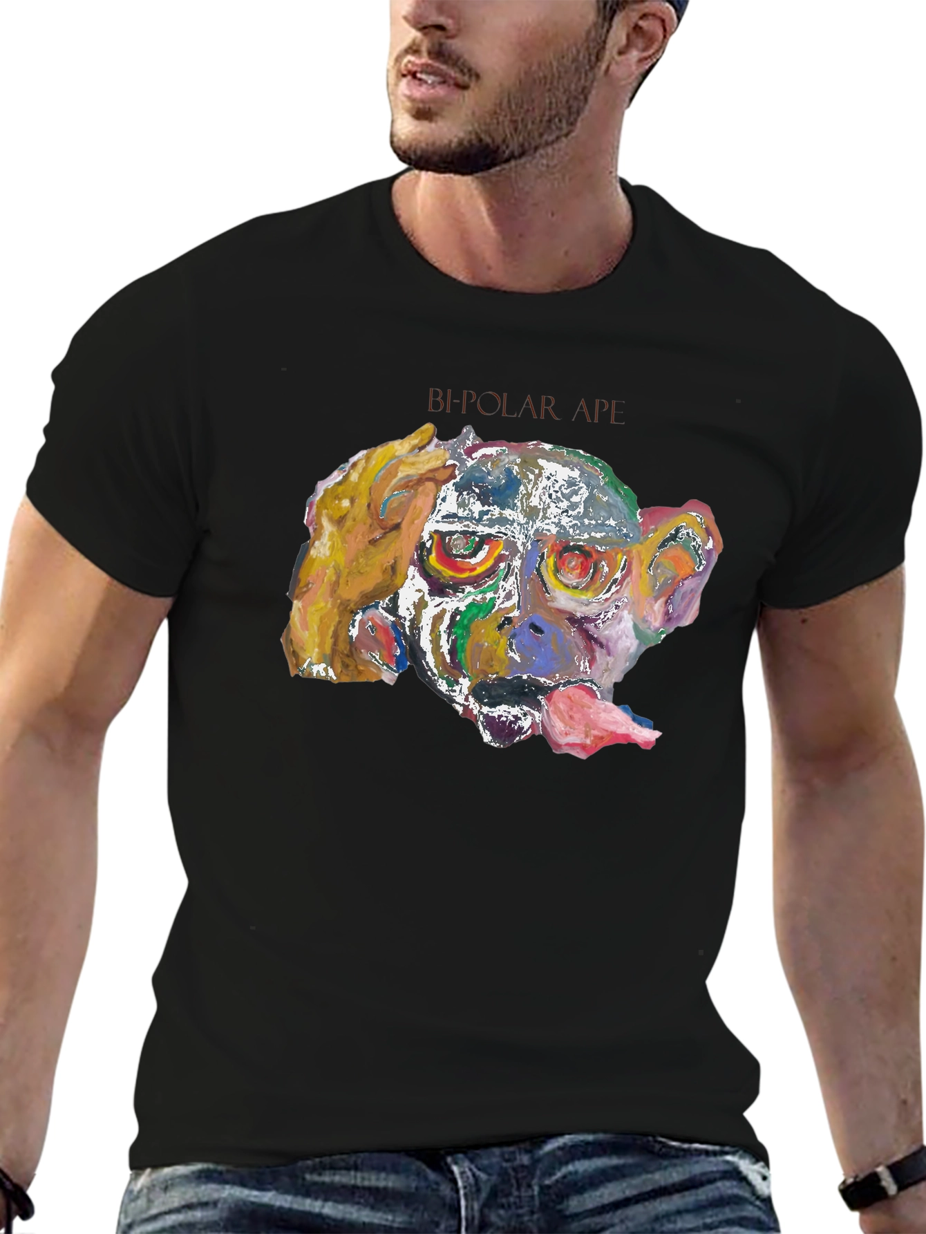 Abstract Monkey Graphic Tee - Black Cotton Blend