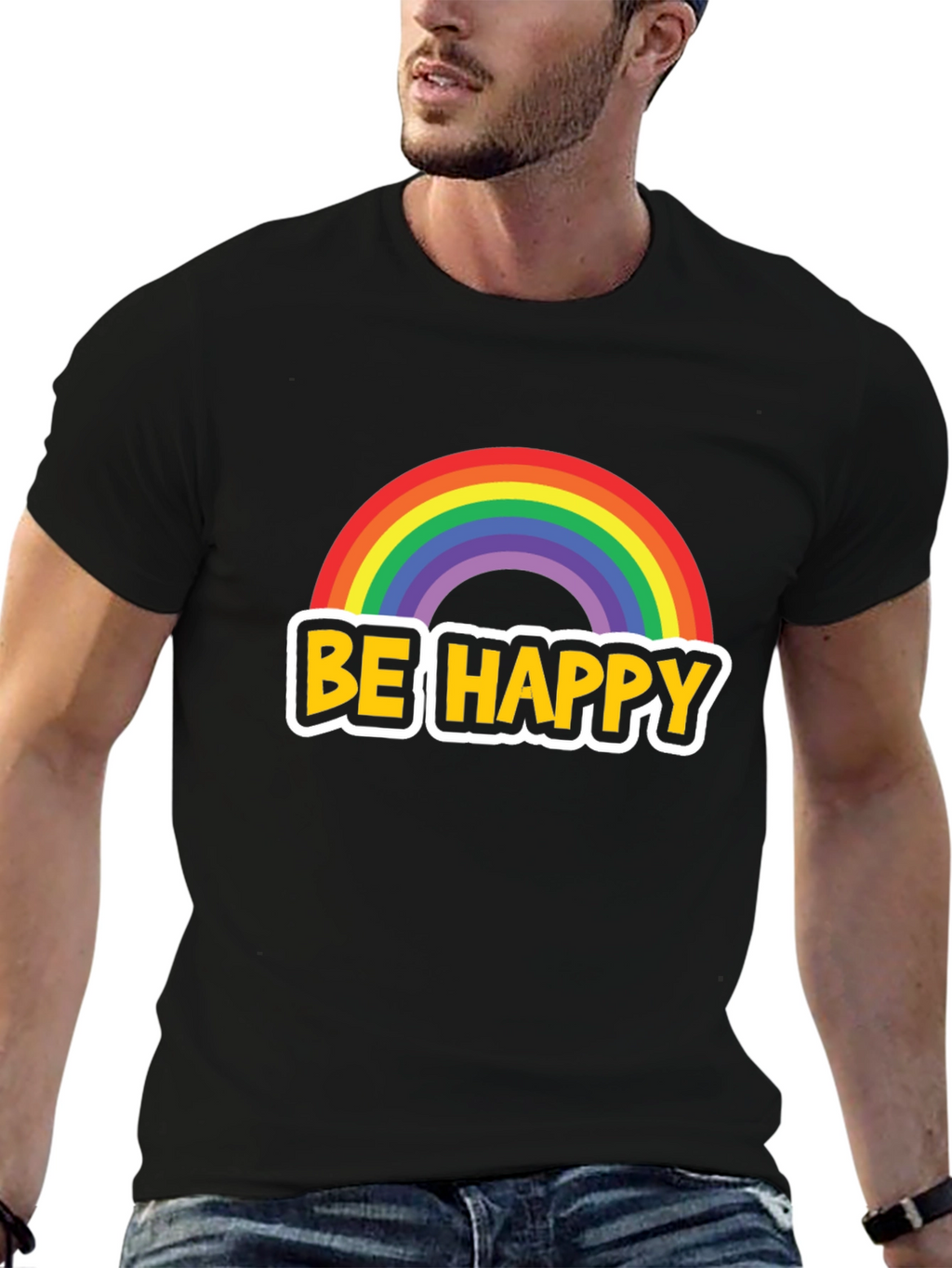 Be Happy Rainbow Graphic Tee - Black Cotton Blend