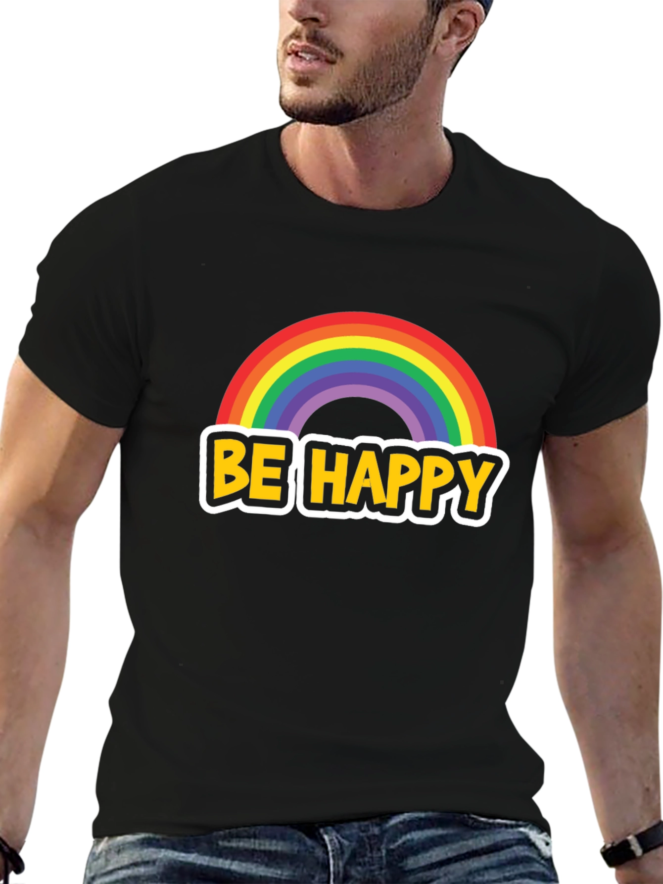 Be Happy Rainbow Graphic Tee - Black Cotton Blend