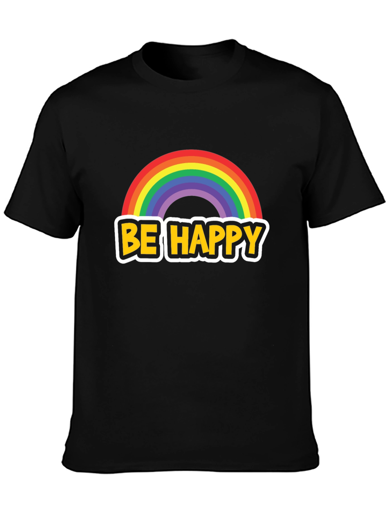 Be Happy Rainbow Graphic Tee - Black Cotton Blend