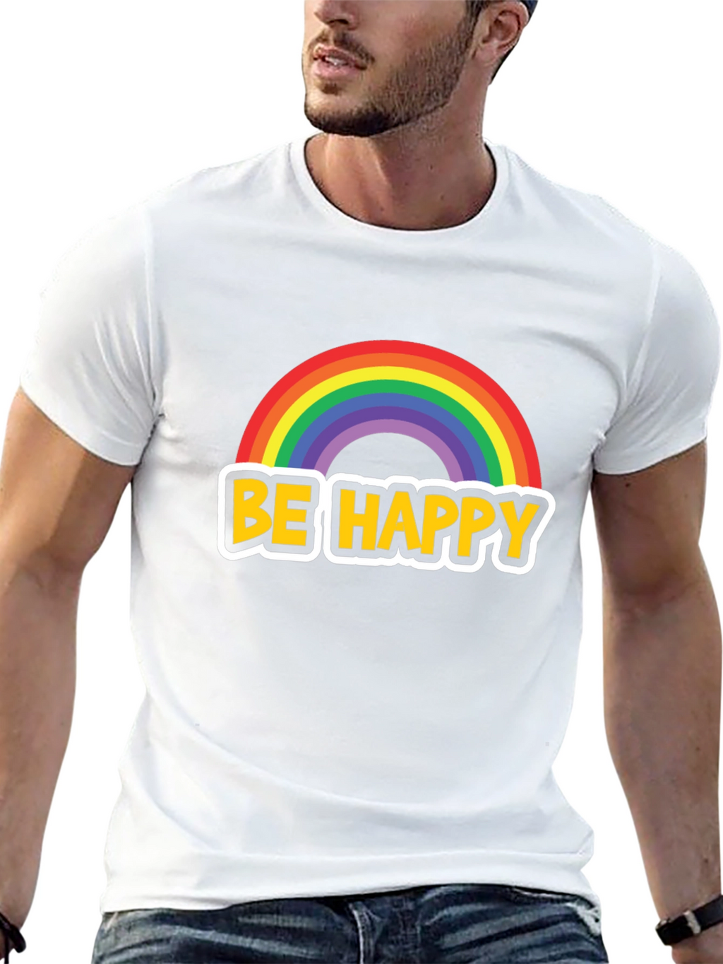 Be Happy Rainbow Graphic Tee - Black Cotton Blend