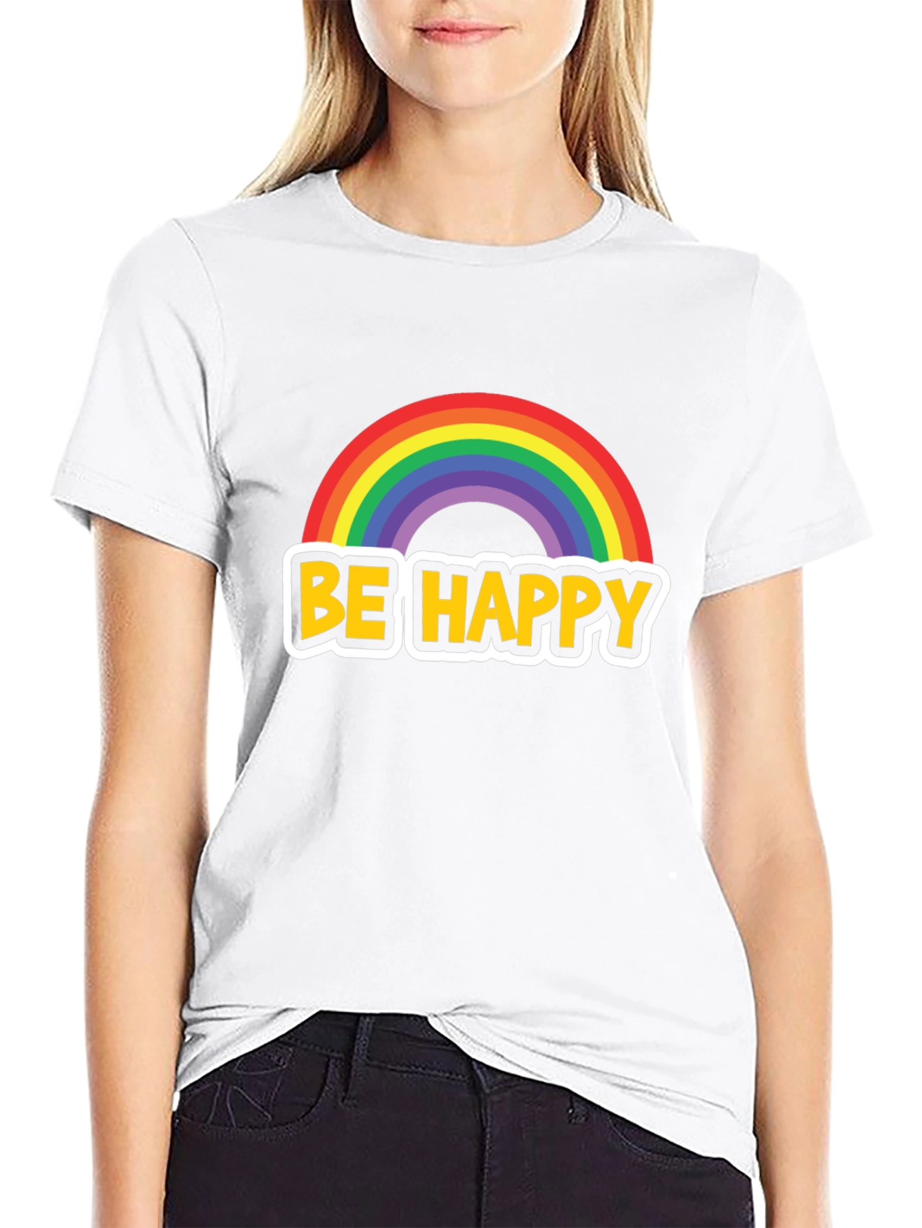 Be Happy Rainbow Graphic Tee - Black Cotton Blend