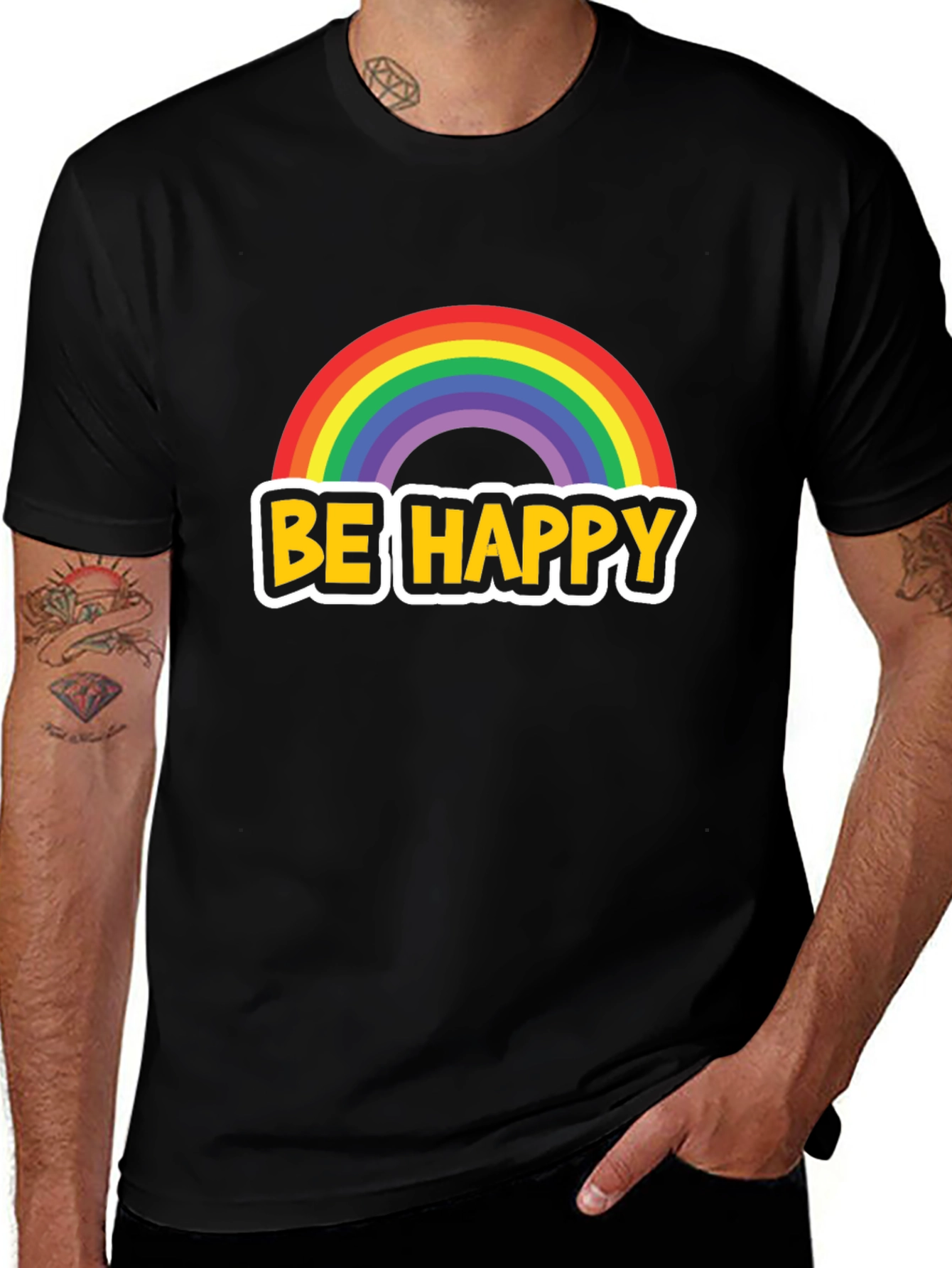 Be Happy Rainbow Graphic Tee - Black Cotton Blend