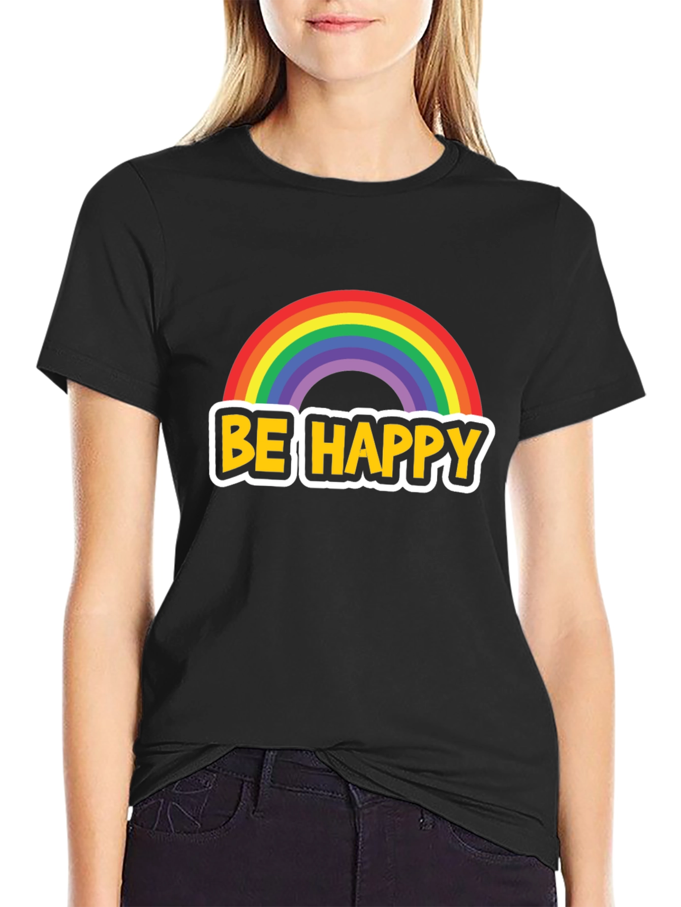 Be Happy Rainbow Graphic Tee - Black Cotton Blend