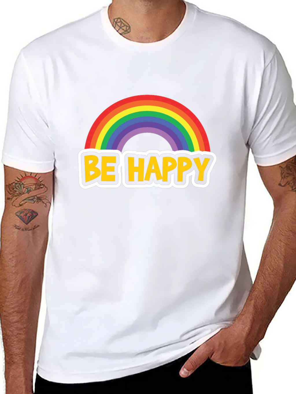 Be Happy Rainbow Graphic Tee - Black Cotton Blend