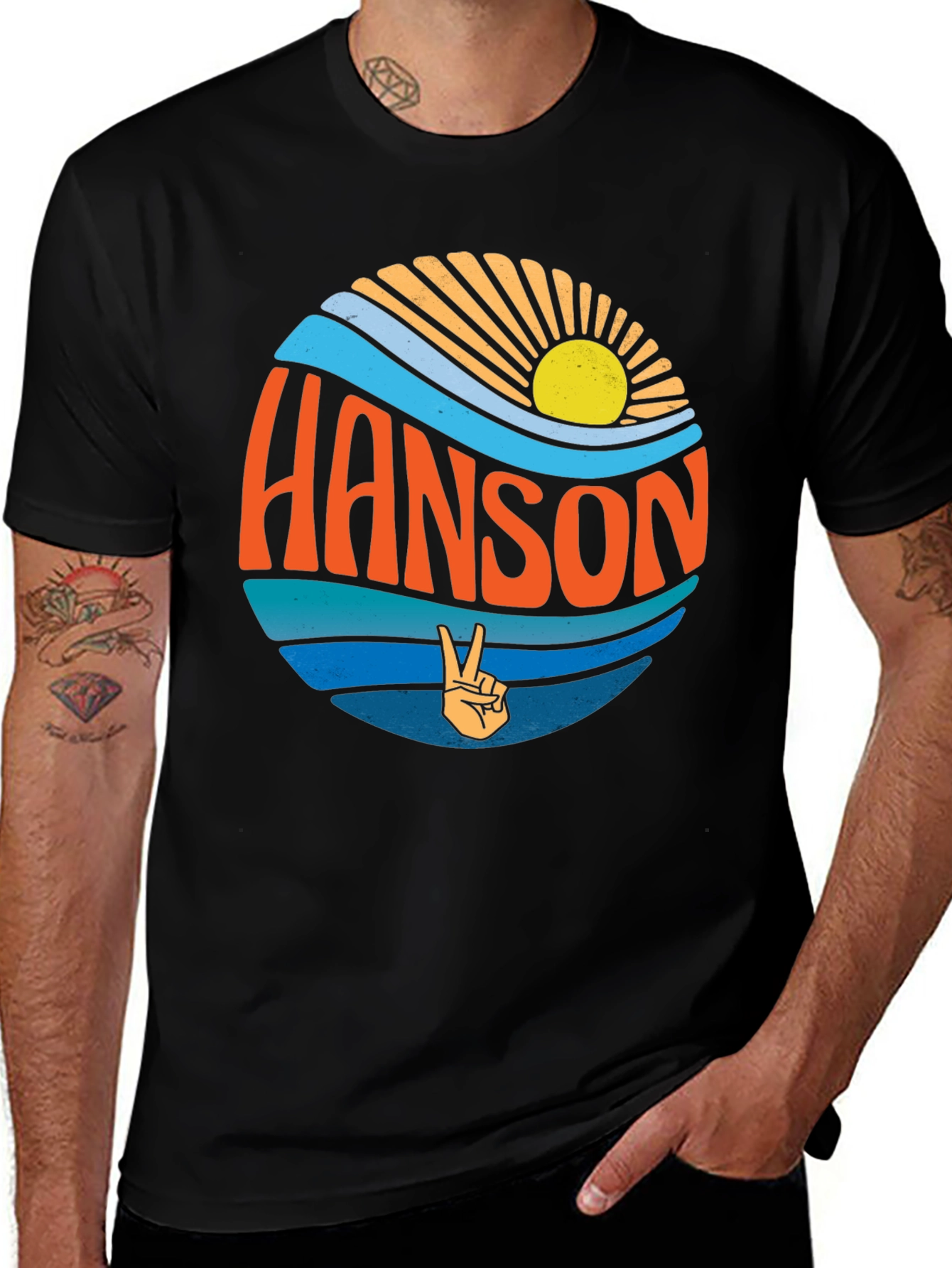 Retro HANSON T-Shirt - Sun Waves and Peace Sign Design