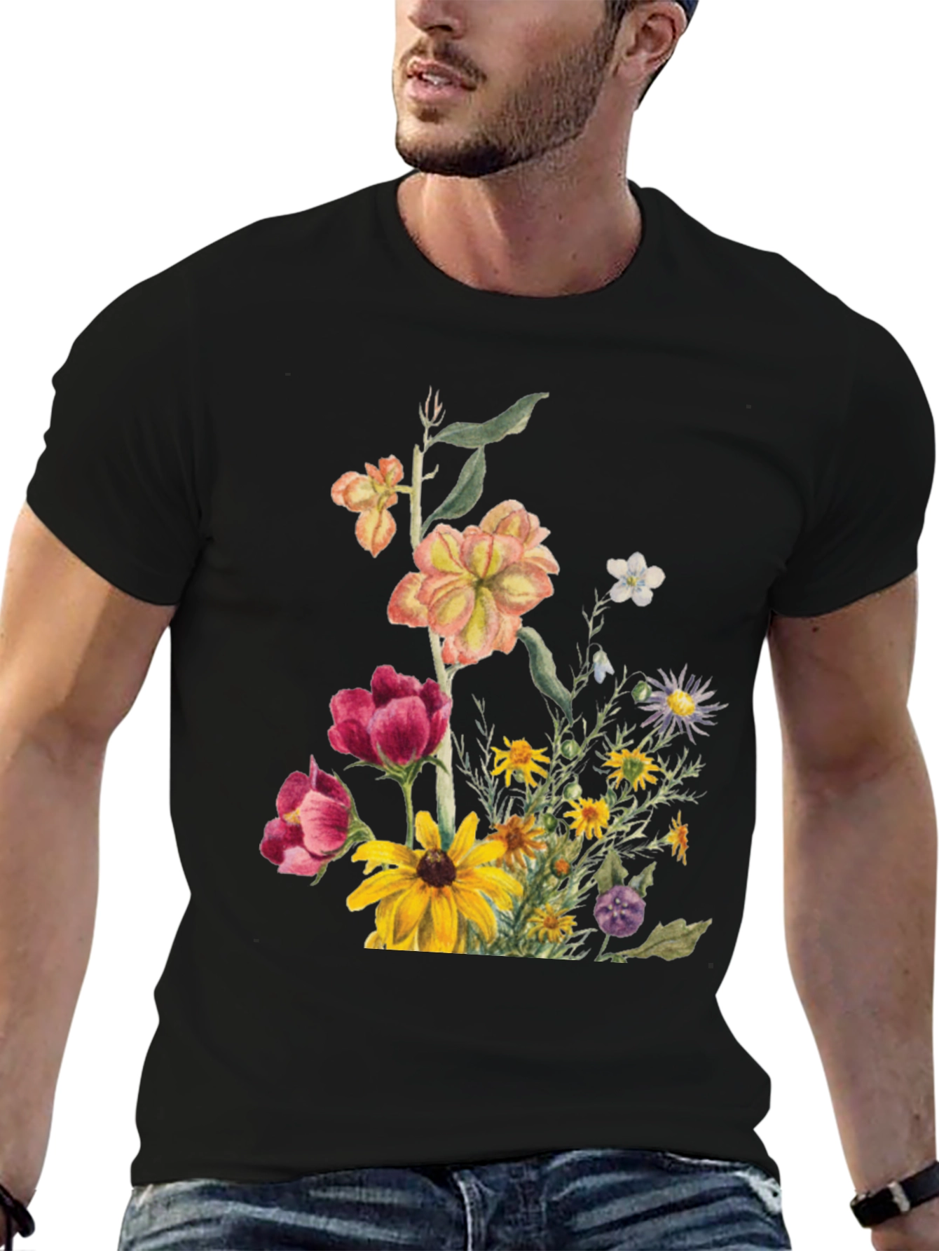 Floral Print Black T-Shirt for Men