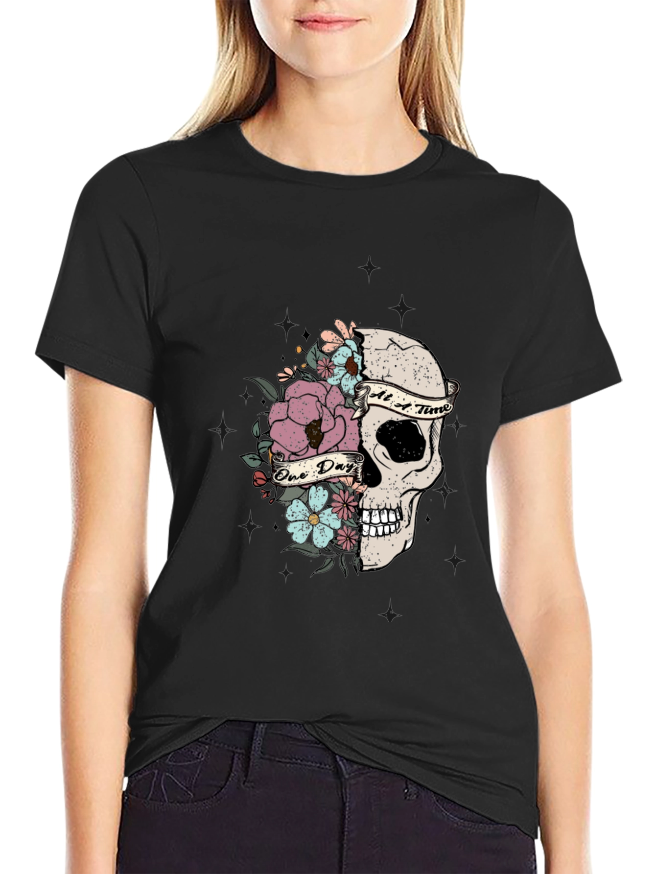 Floral Skull Graphic T-Shirt - Dark