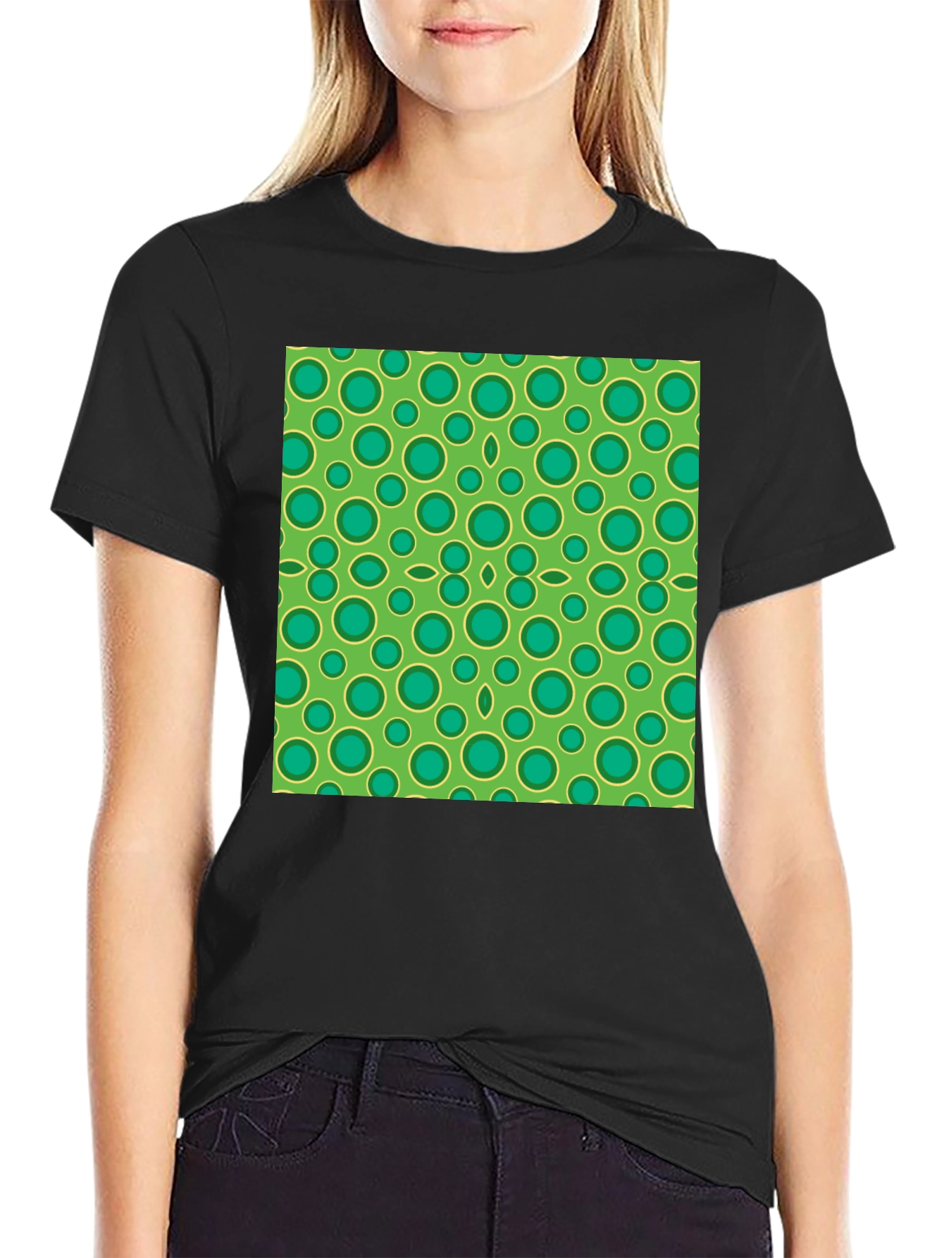 Green Circle Pattern Black T-Shirt