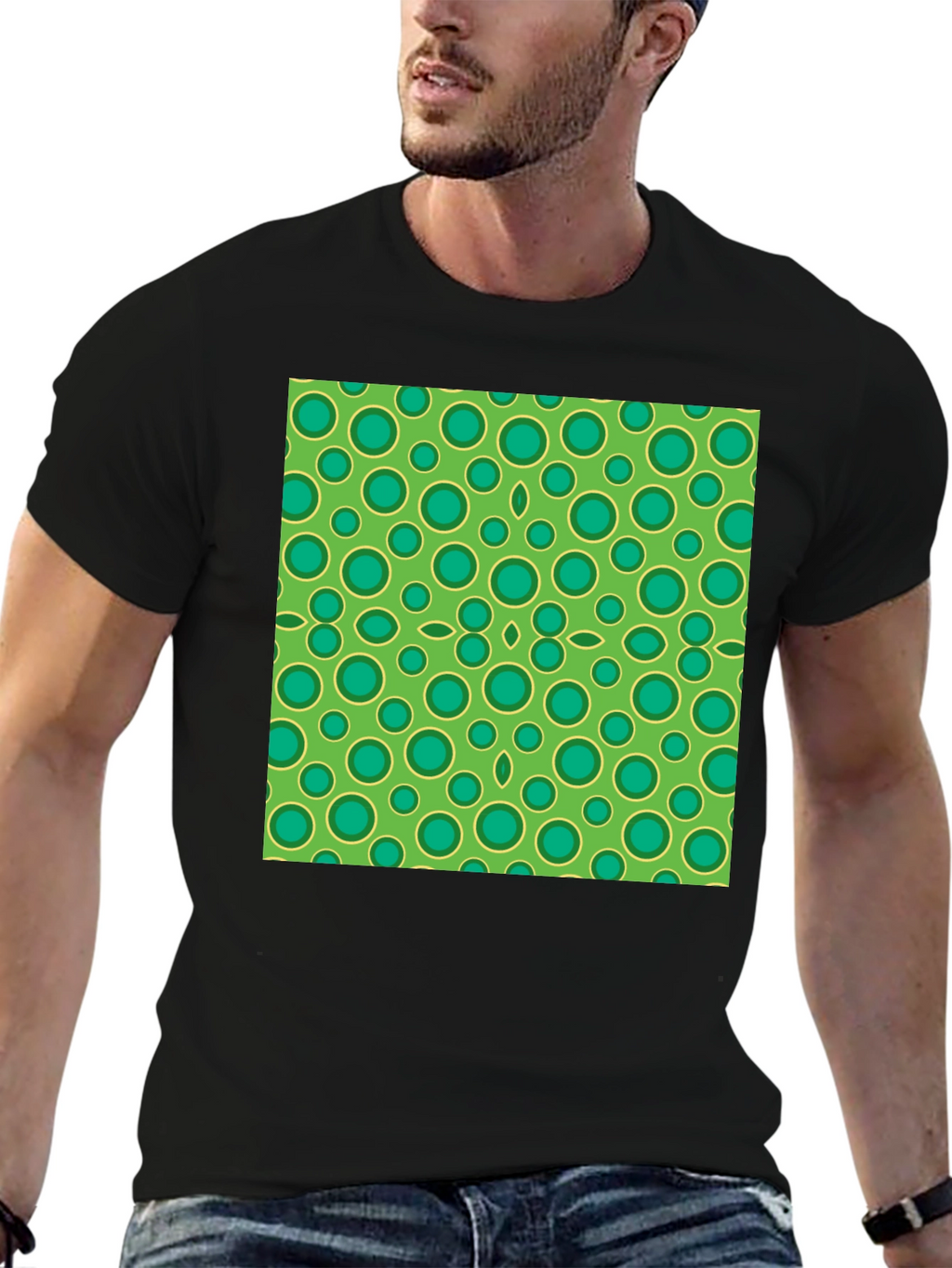 Green Circle Pattern Black T-Shirt