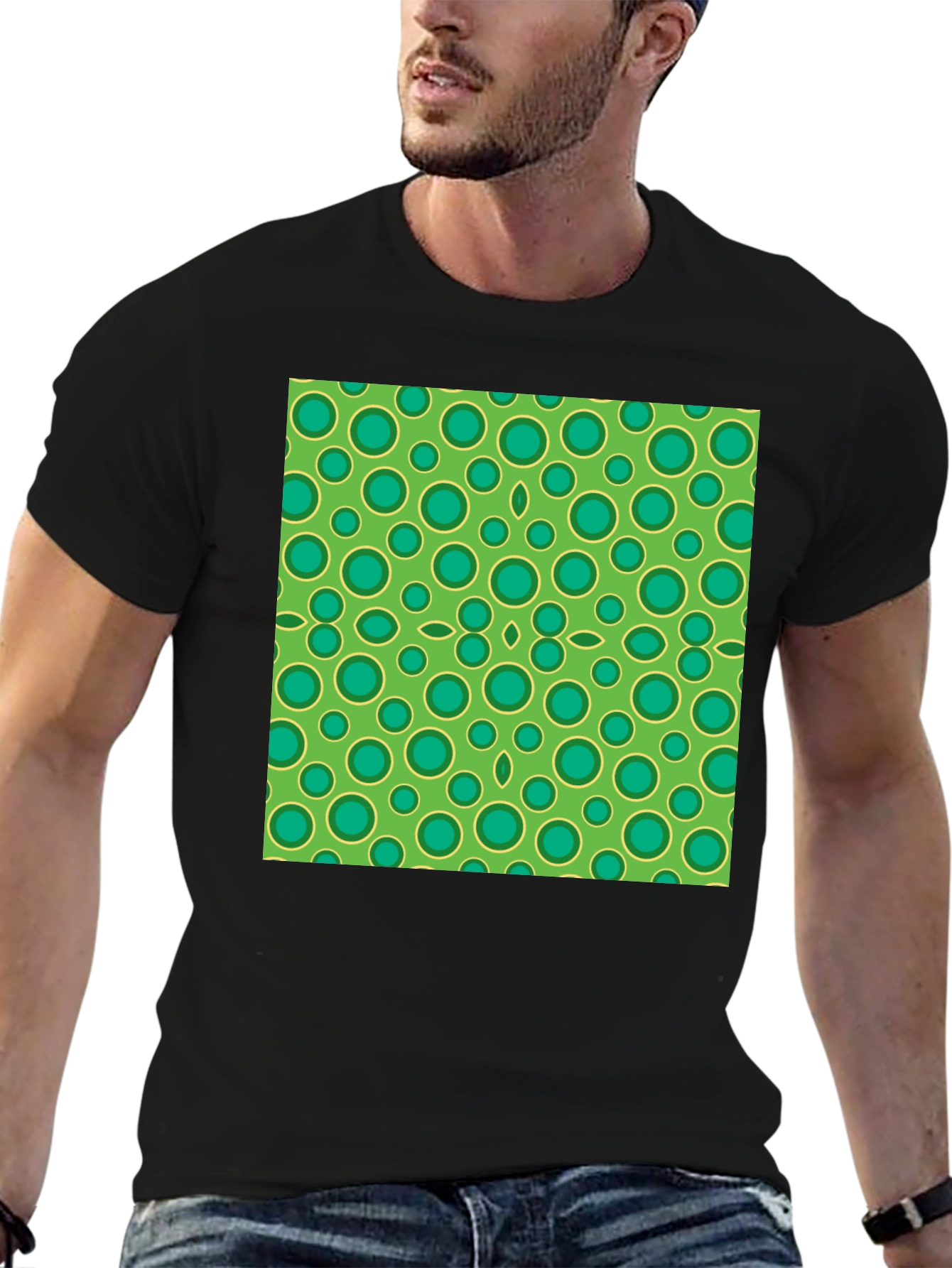 Green Circle Pattern Black T-Shirt