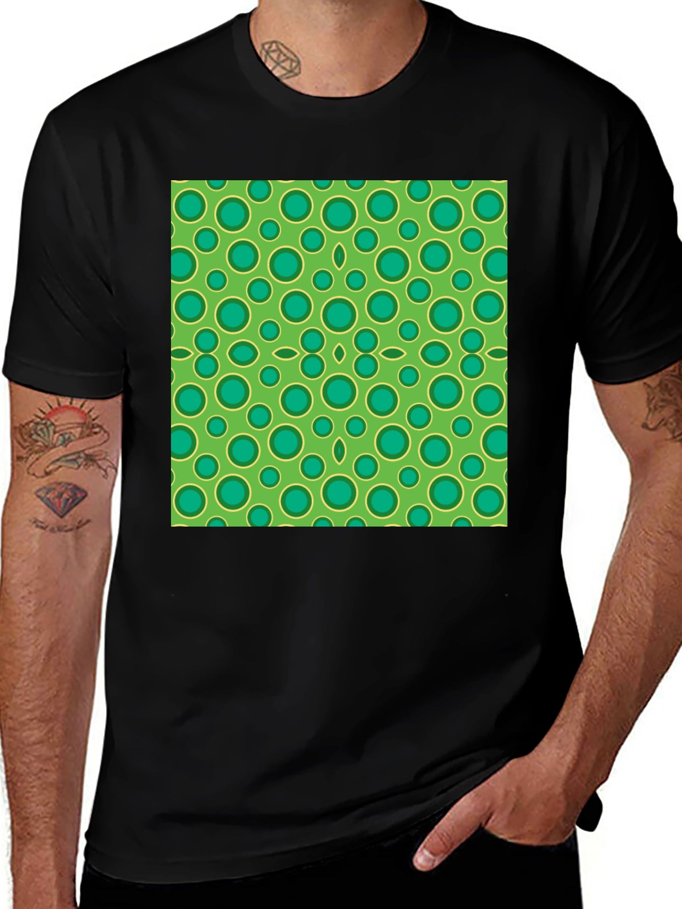 Green Circle Pattern Black T-Shirt