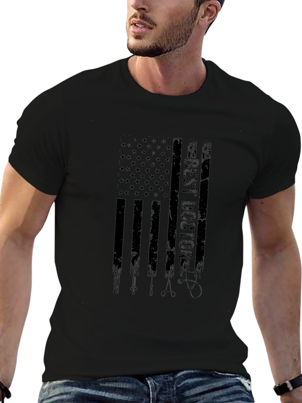 Best Doctor American Flag Graphic Black T-Shirt