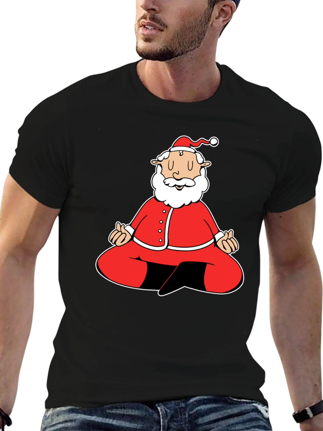 Meditating Santa Graphic Tee - Black Cotton Blend Shirt