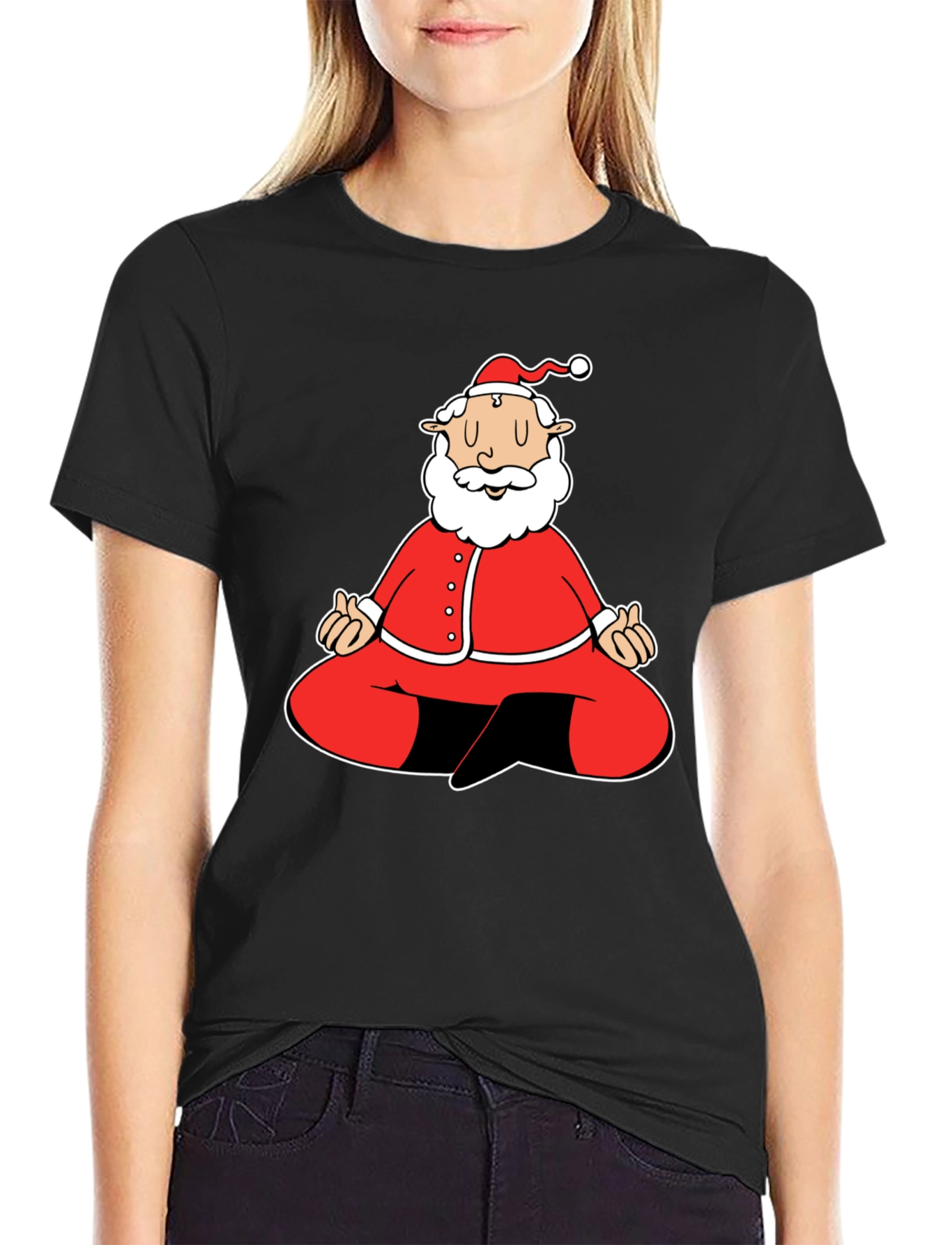 Meditating Santa Graphic Tee - Black Cotton Blend Shirt