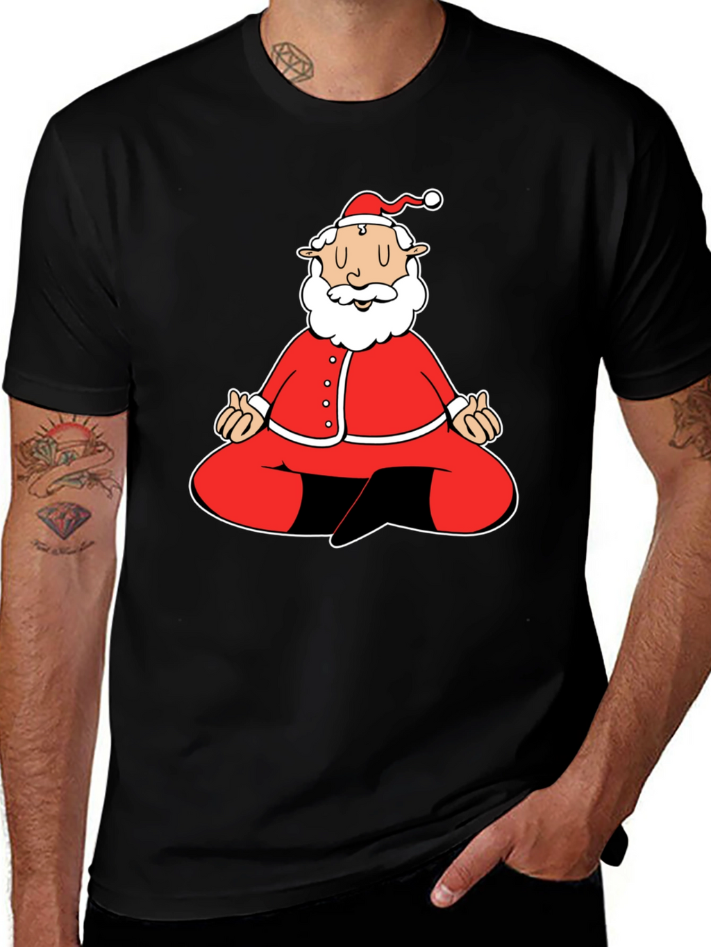 Meditating Santa Graphic Tee - Black Cotton Blend Shirt