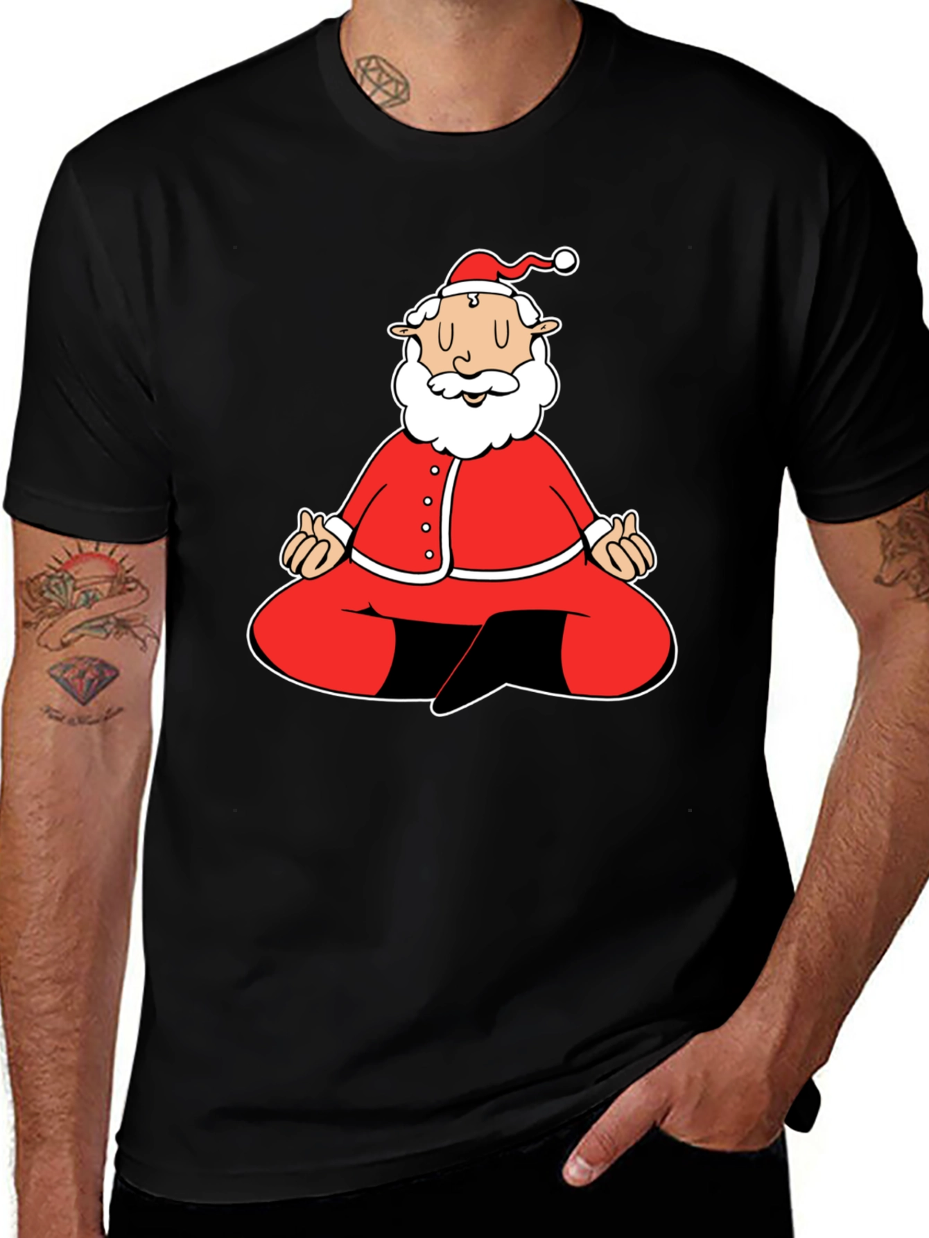 Meditating Santa Graphic Tee - Black Cotton Blend Shirt