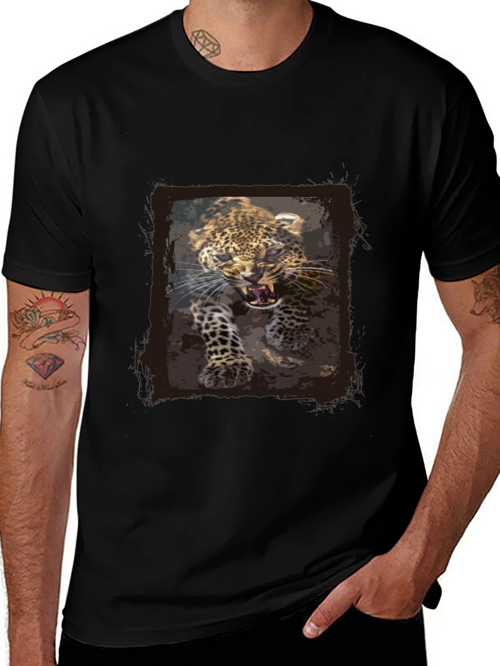 Leopard Print Graphic Tee - Black Cotton T-Shirt