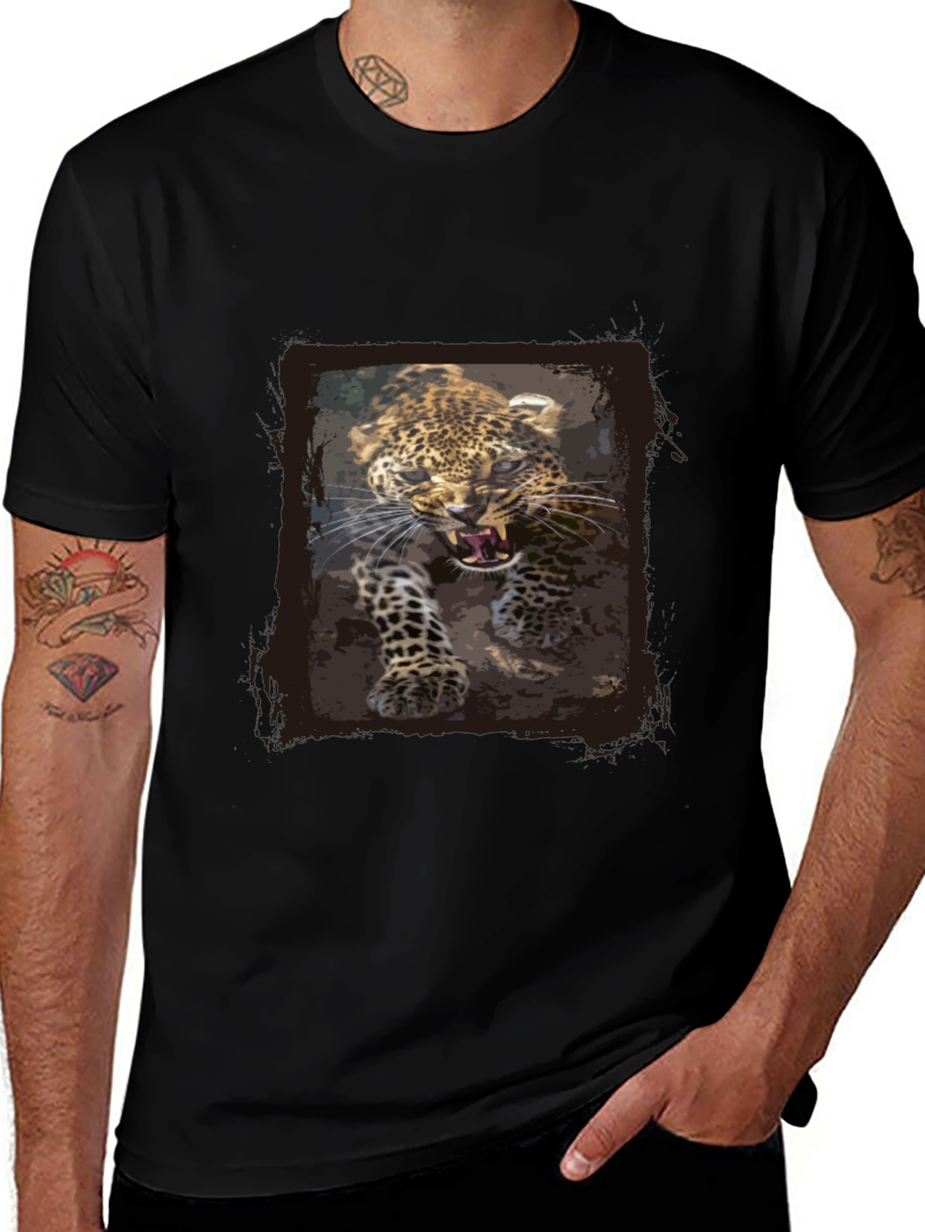Leopard Print Graphic Tee - Black Cotton T-Shirt