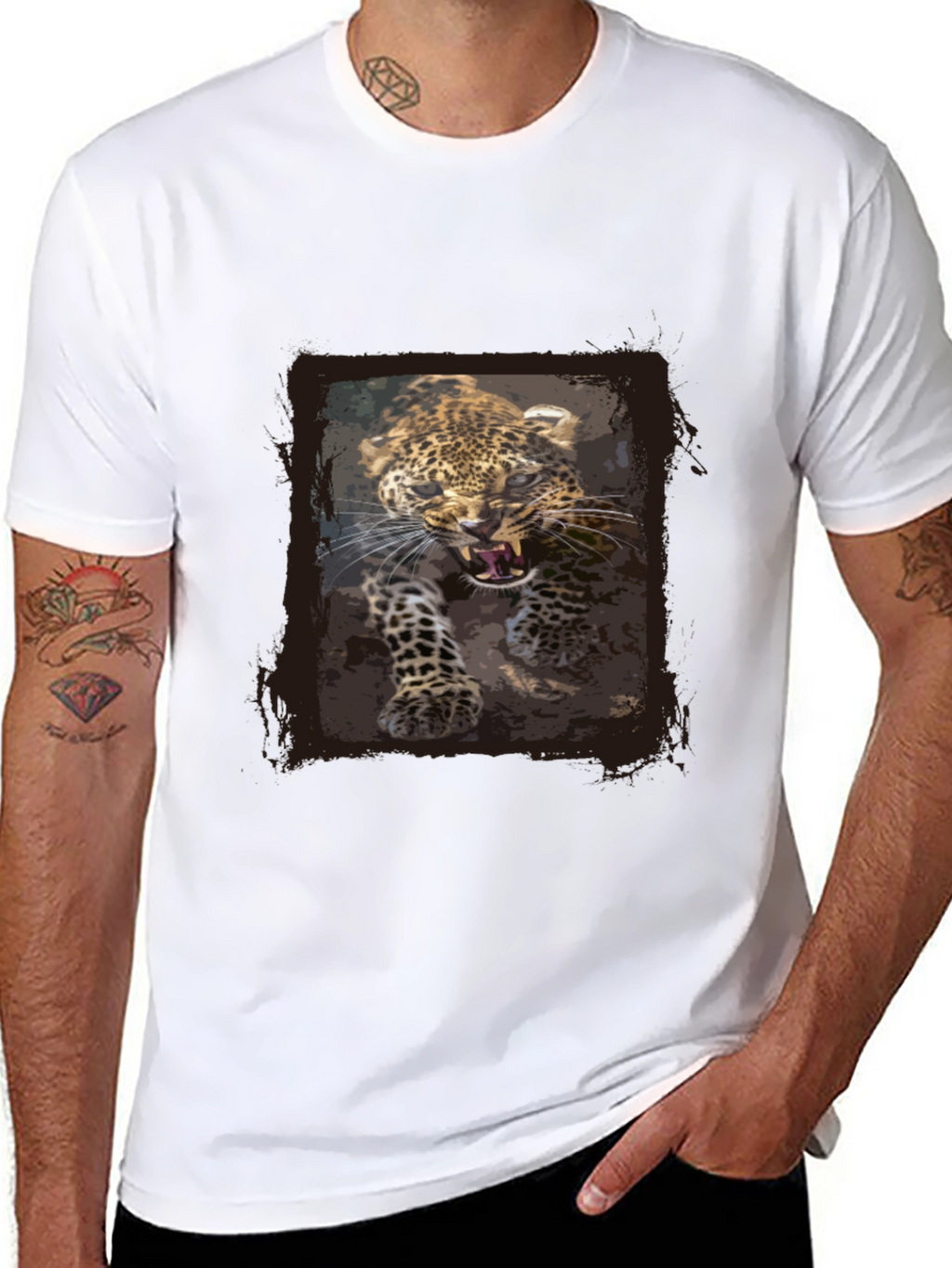 Leopard Print Graphic Tee - Black Cotton T-Shirt