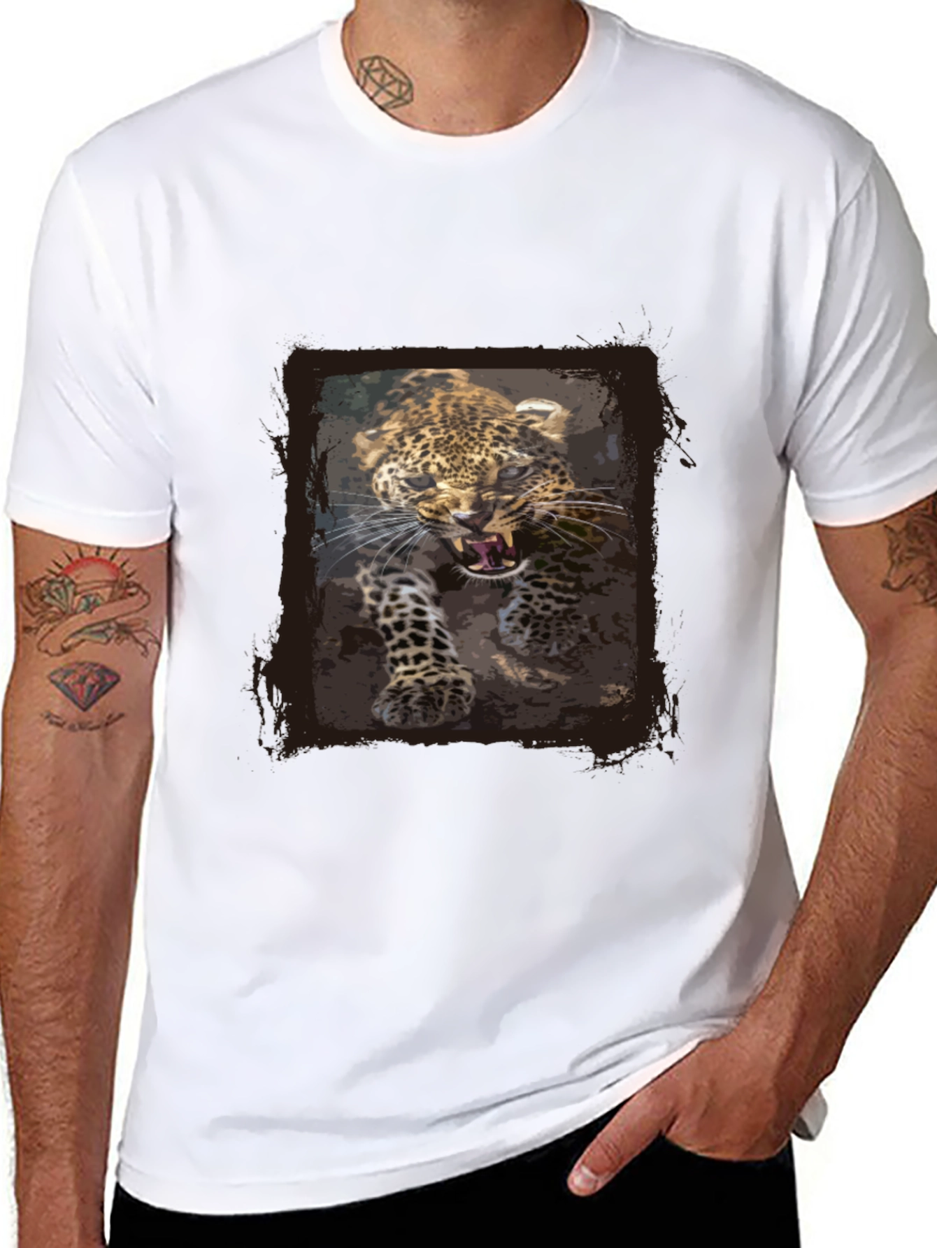 Leopard Print Graphic Tee - Black Cotton T-Shirt