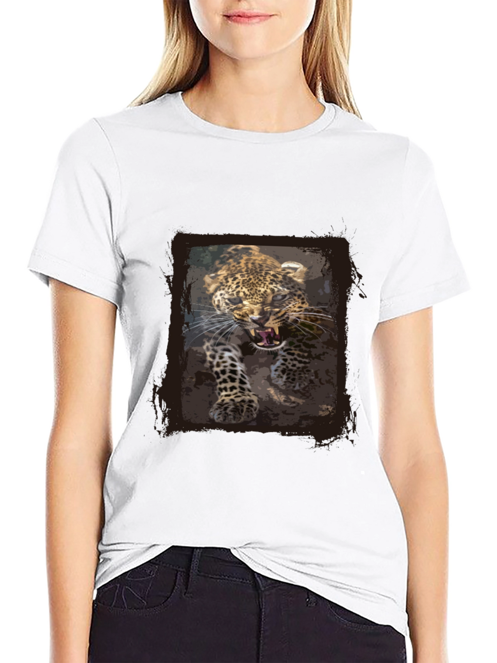 Leopard Print Graphic Tee - Black Cotton T-Shirt