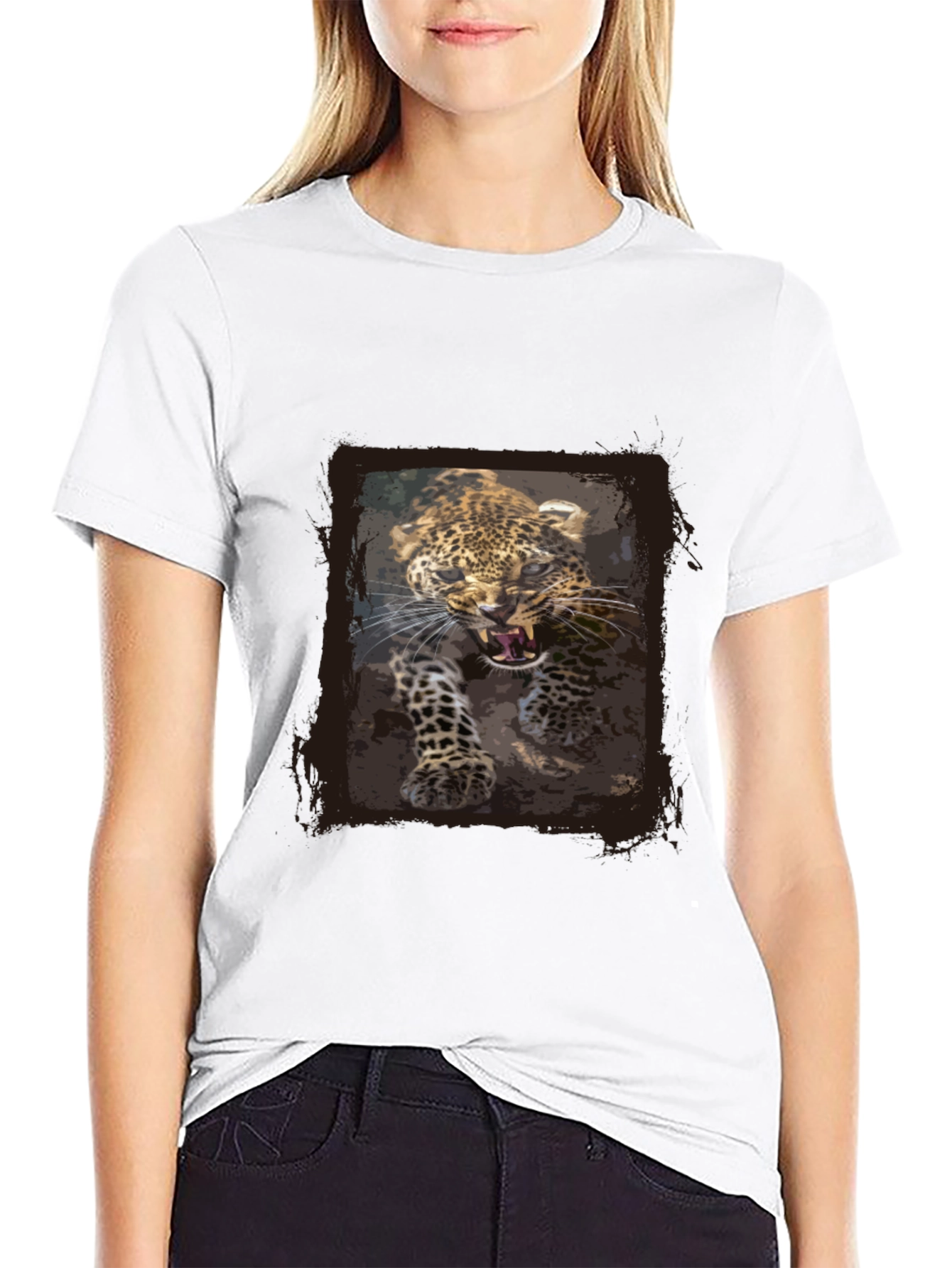 Leopard Print Graphic Tee - Black Cotton T-Shirt