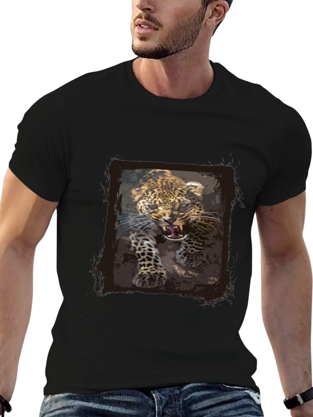 Leopard Print Graphic Tee - Black Cotton T-Shirt