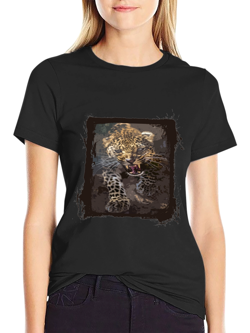 Leopard Print Graphic Tee - Black Cotton T-Shirt