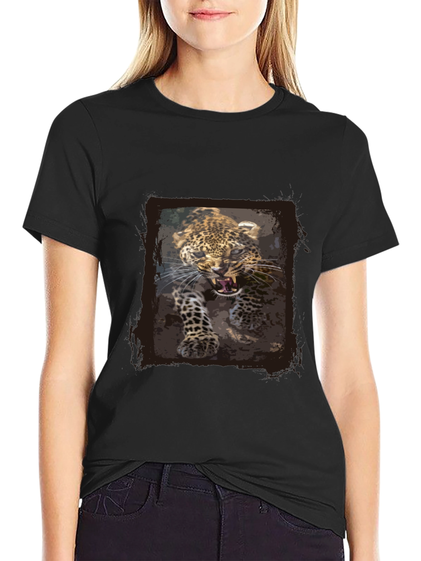 Leopard Print Graphic Tee - Black Cotton T-Shirt