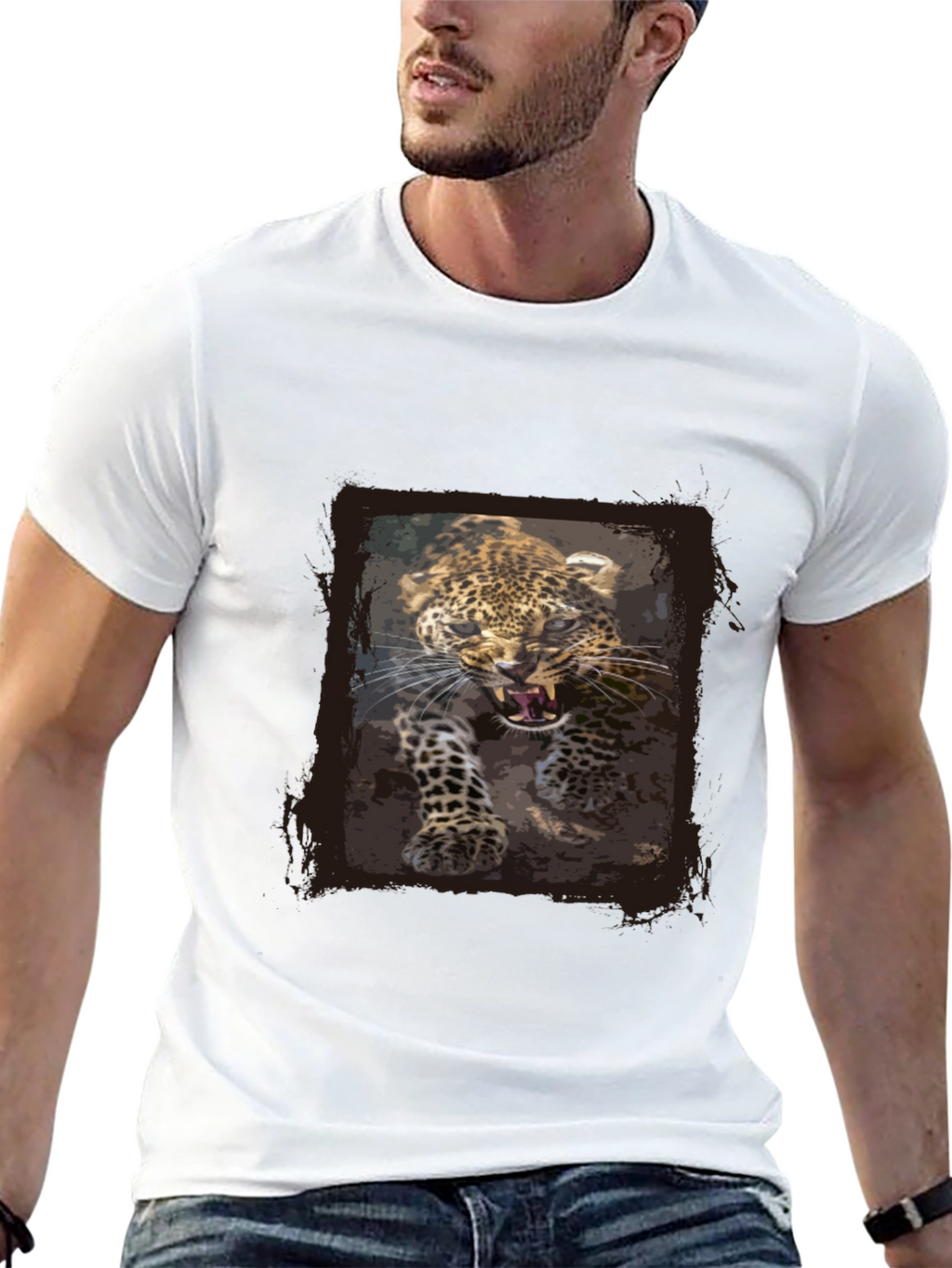 Leopard Print Graphic Tee - Black Cotton T-Shirt